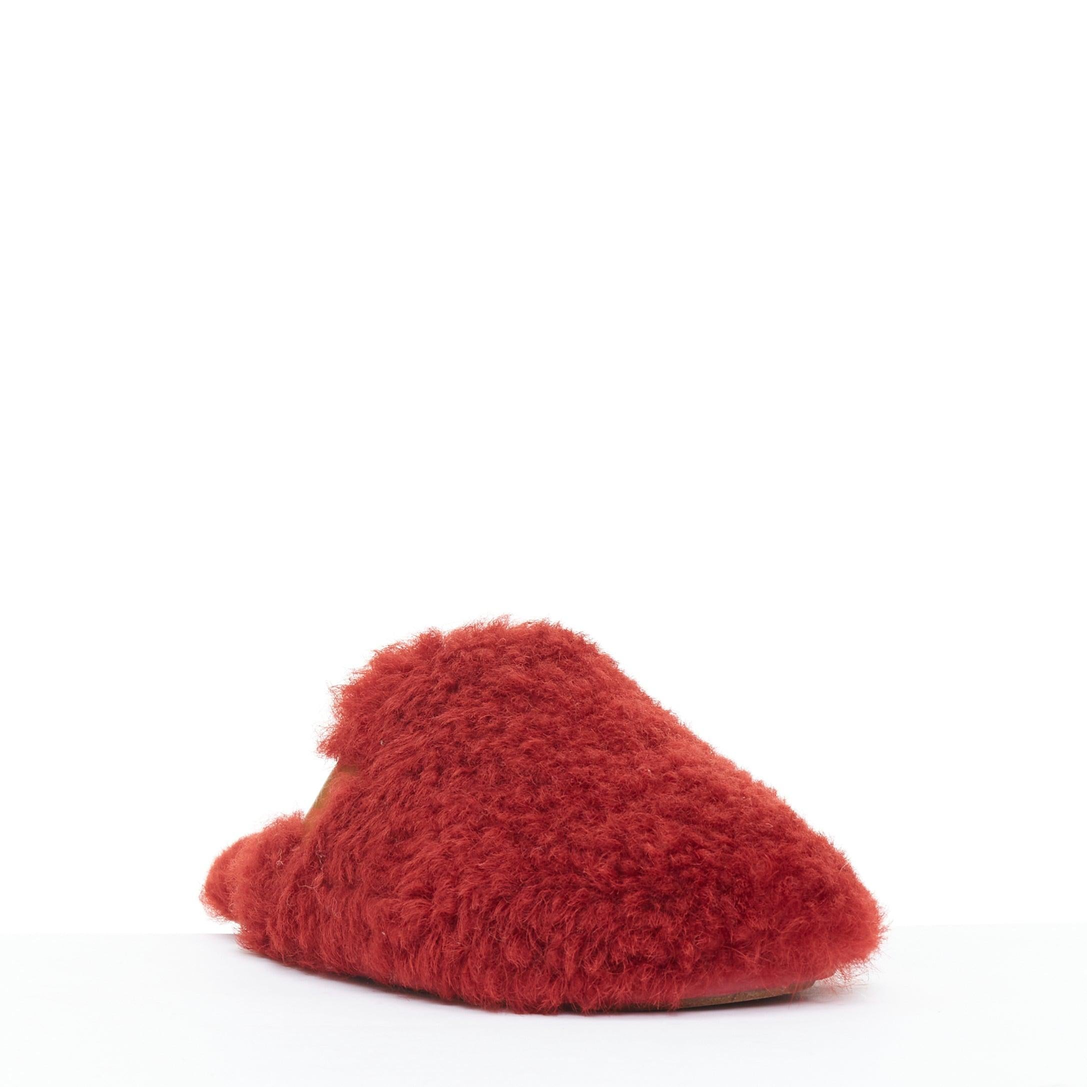 Red LOEWE red shearling brown anagram leather tag slipper mules EU37