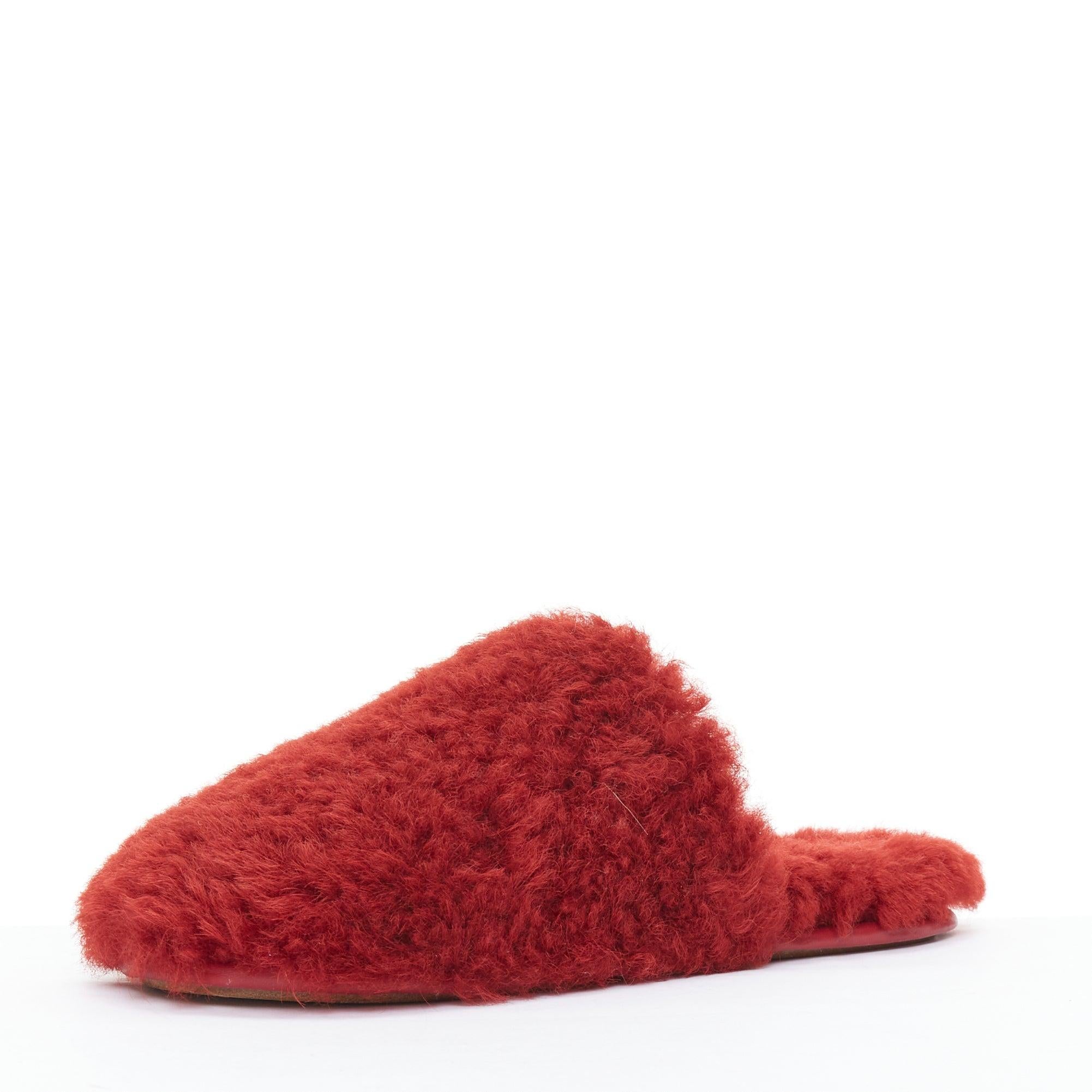 Women's LOEWE red shearling brown anagram leather tag slipper mules EU37