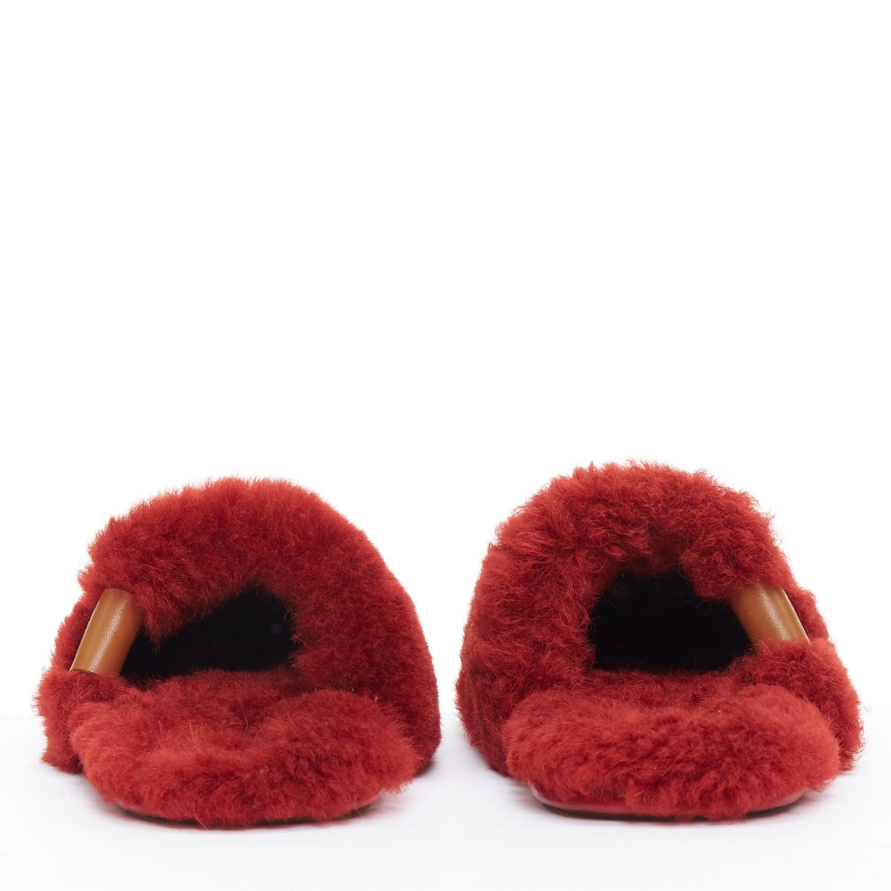LOEWE red shearling brown anagram leather tag slipper mules EU37 1