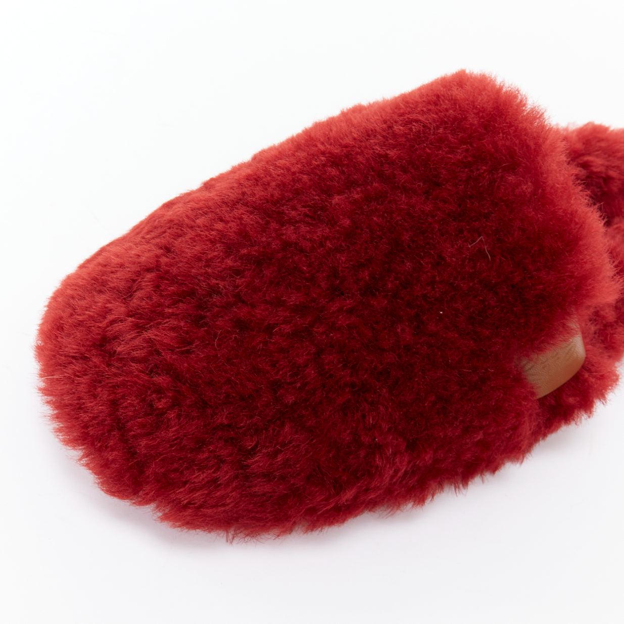 LOEWE red shearling brown anagram leather tag slipper mules EU37 3