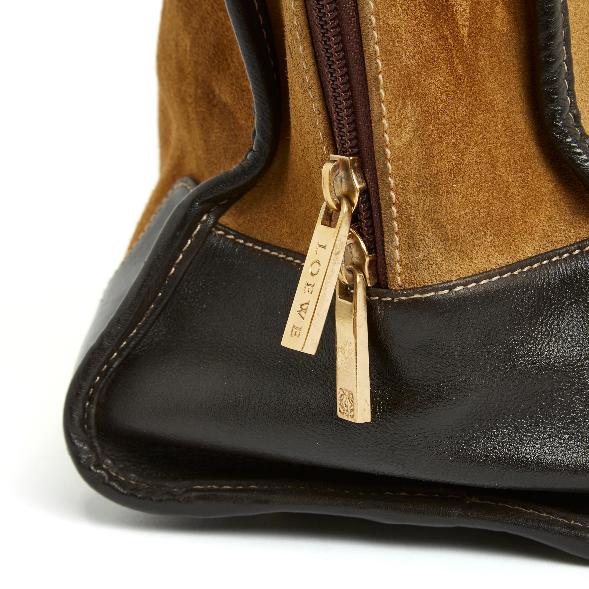 Loewe Sac Amazona 32 Gold Suede Dark Brown Leather Hand Bag Amazona In Fair Condition In PARIS, FR