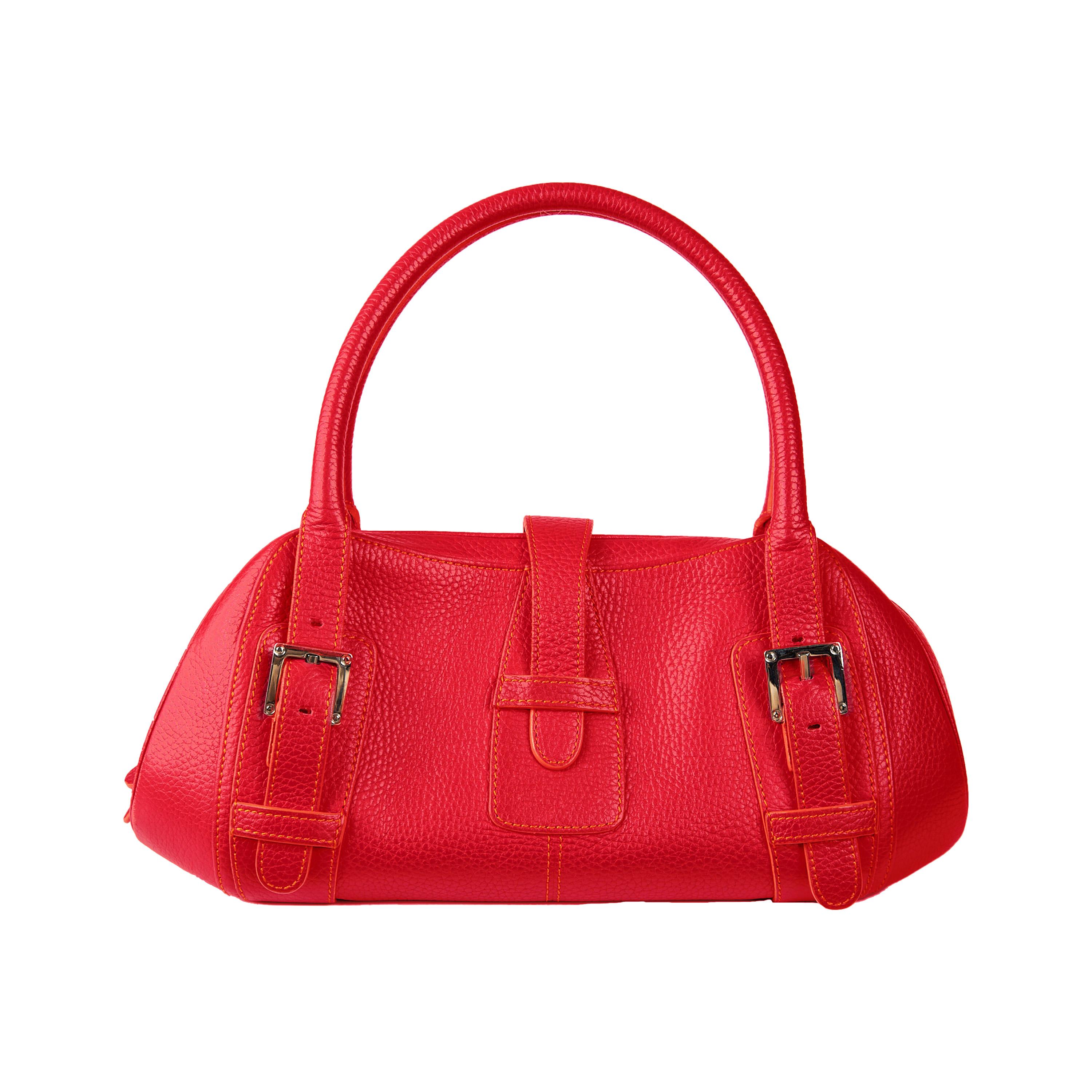 This luxurious Loewe Senda Handbag is crafted from soft red leather and is accented with buckles in silver-tone hardware and tonal stitching in orange. With a secure top zip closure and a black signature jacquard lined interior featuring a zippered