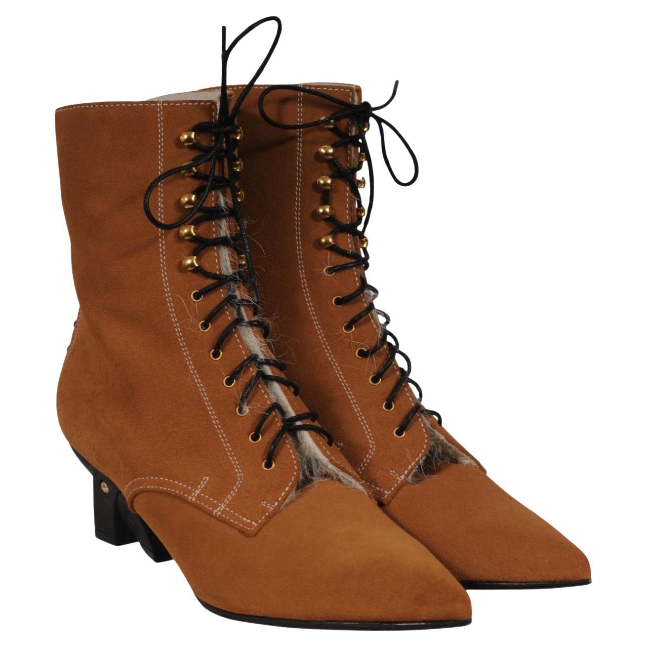 Loewe Shearling Lined Suede Ankle Boots Size US 8 EU 38 Brown Tan Fur Bootie