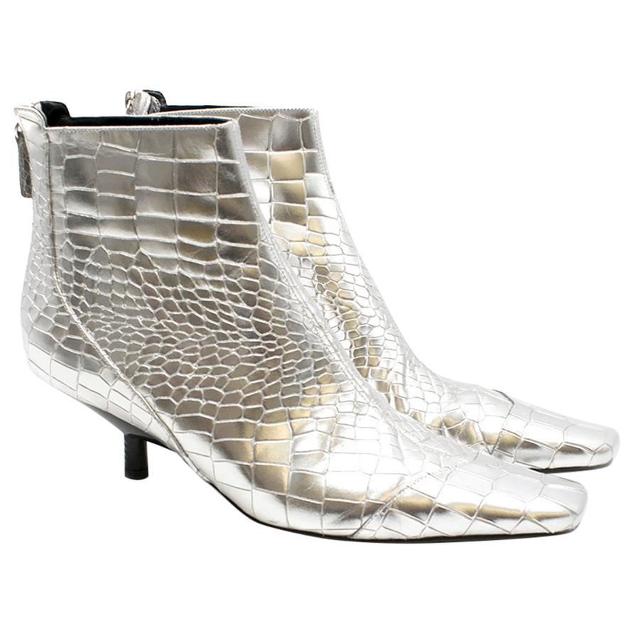 Loewe Silver Crocodile Embossed Leather Square Toe Ankle Boots
