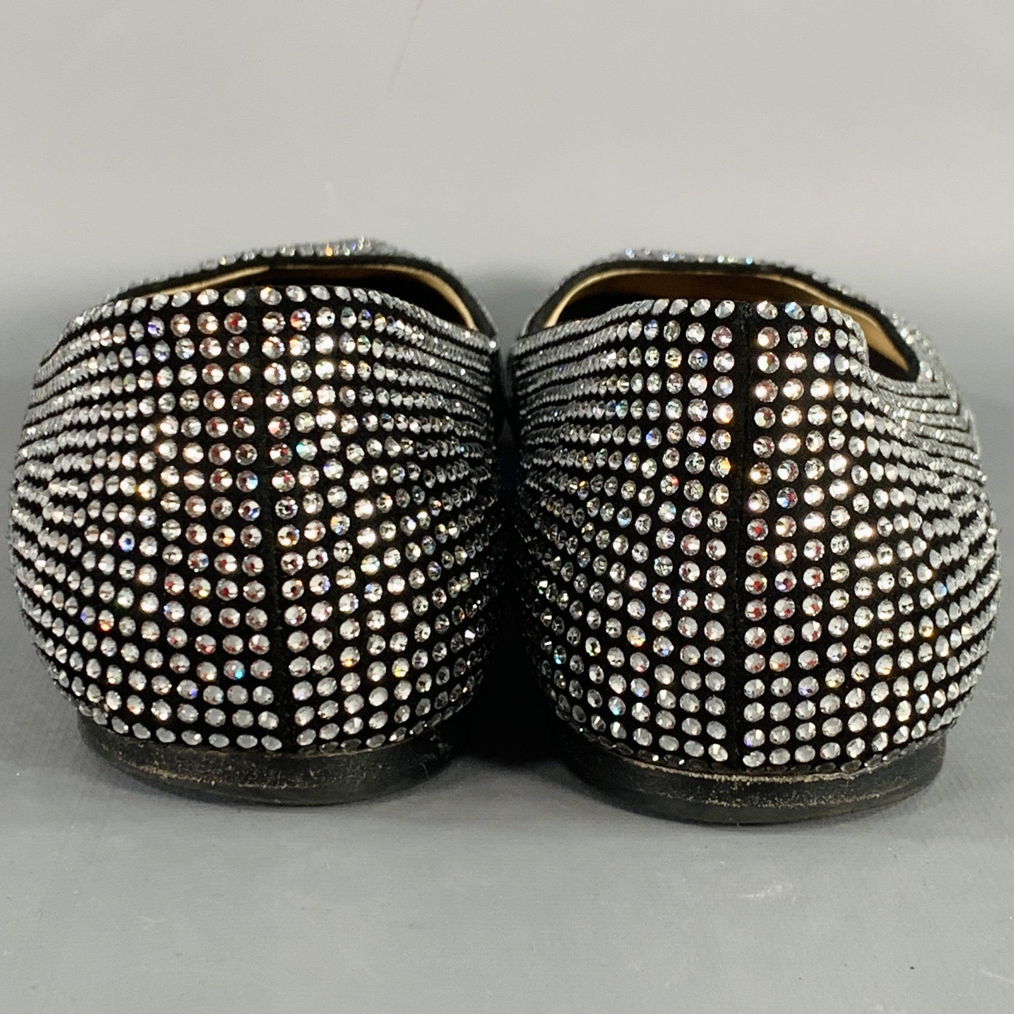 LOEWE Size 11 Silver Black Rhinestone Studded Ballet Flats In Good Condition For Sale In San Francisco, CA
