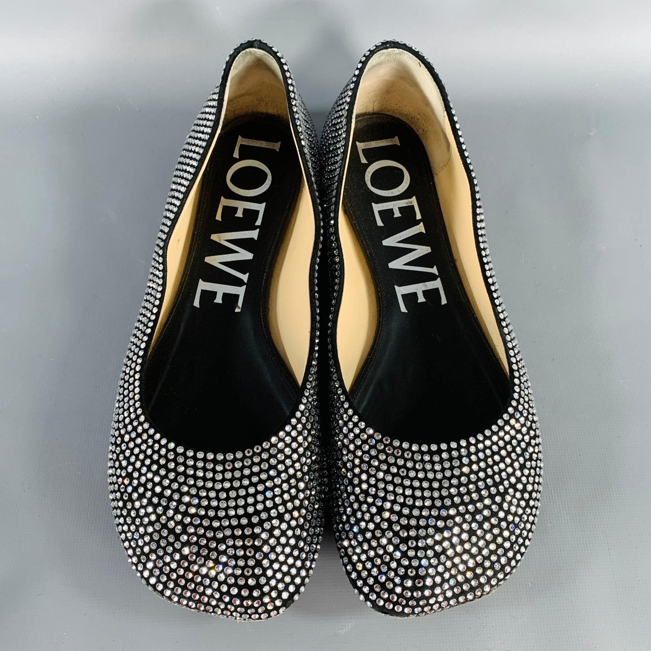 Women's LOEWE Size 11 Silver Black Rhinestone Studded Ballet Flats For Sale