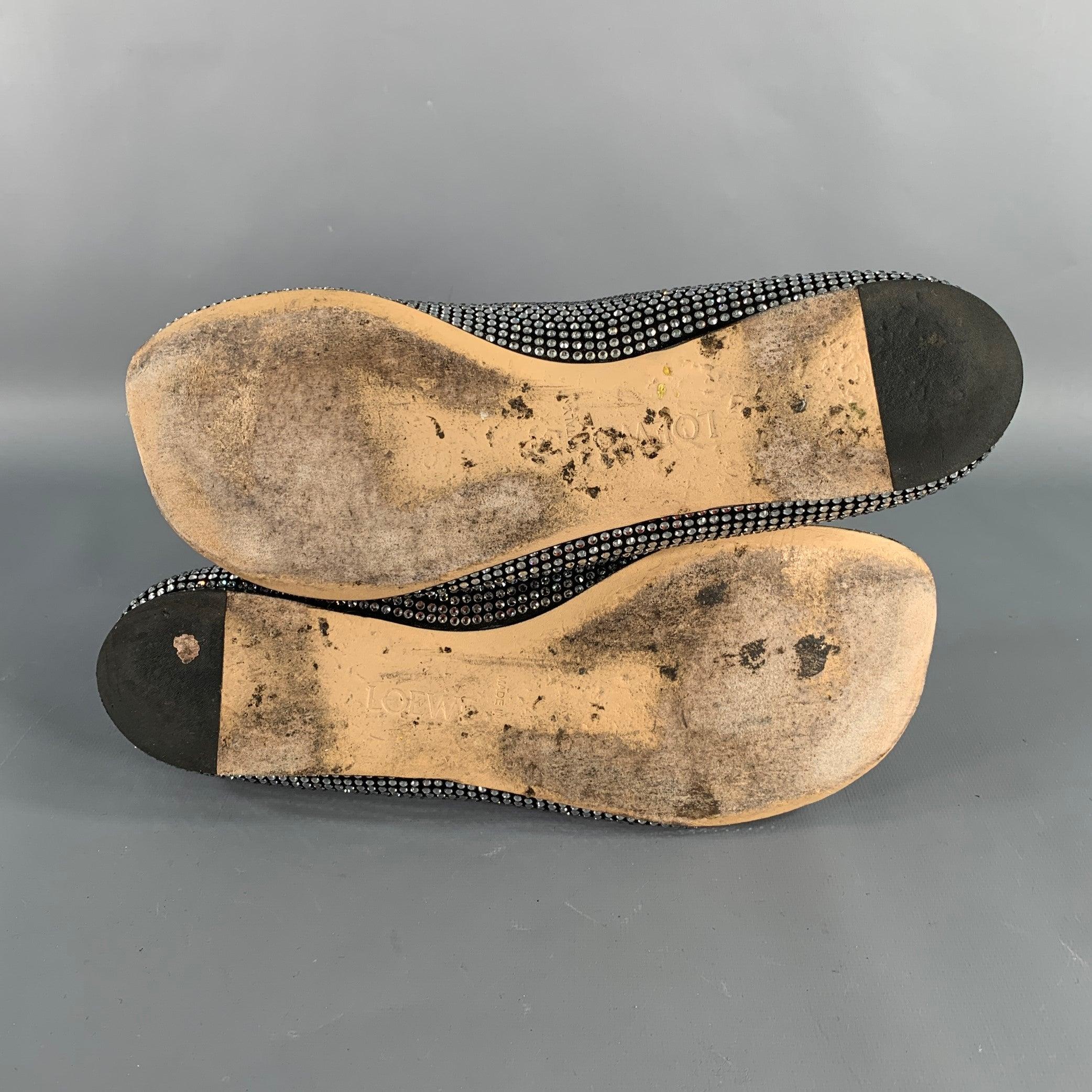 LOEWE Size 11 Silver Black Rhinestone Studded Ballet Flats For Sale 1