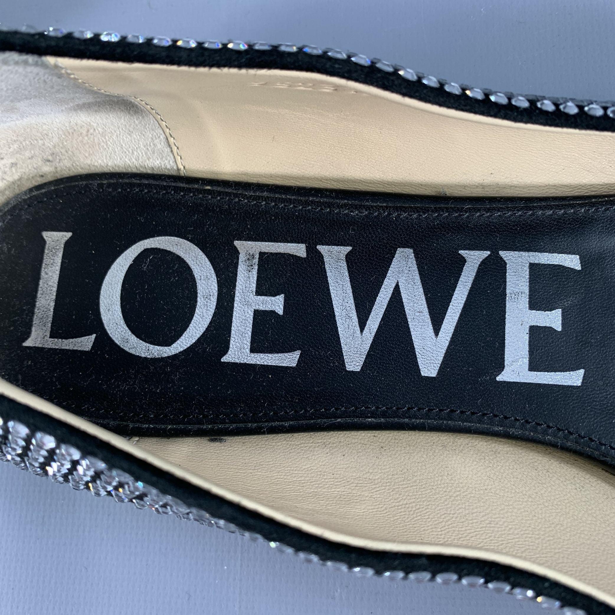 LOEWE Size 11 Silver Black Rhinestone Studded Ballet Flats For Sale 2