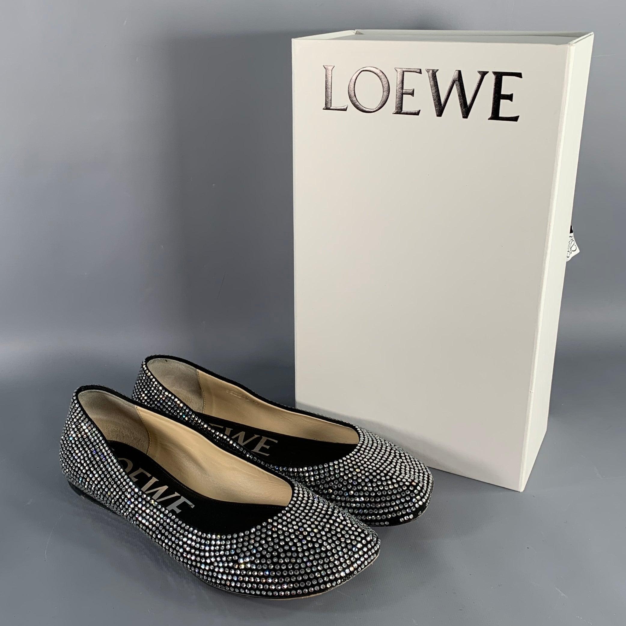 LOEWE Size 11 Silver Black Rhinestone Studded Ballet Flats For Sale 4