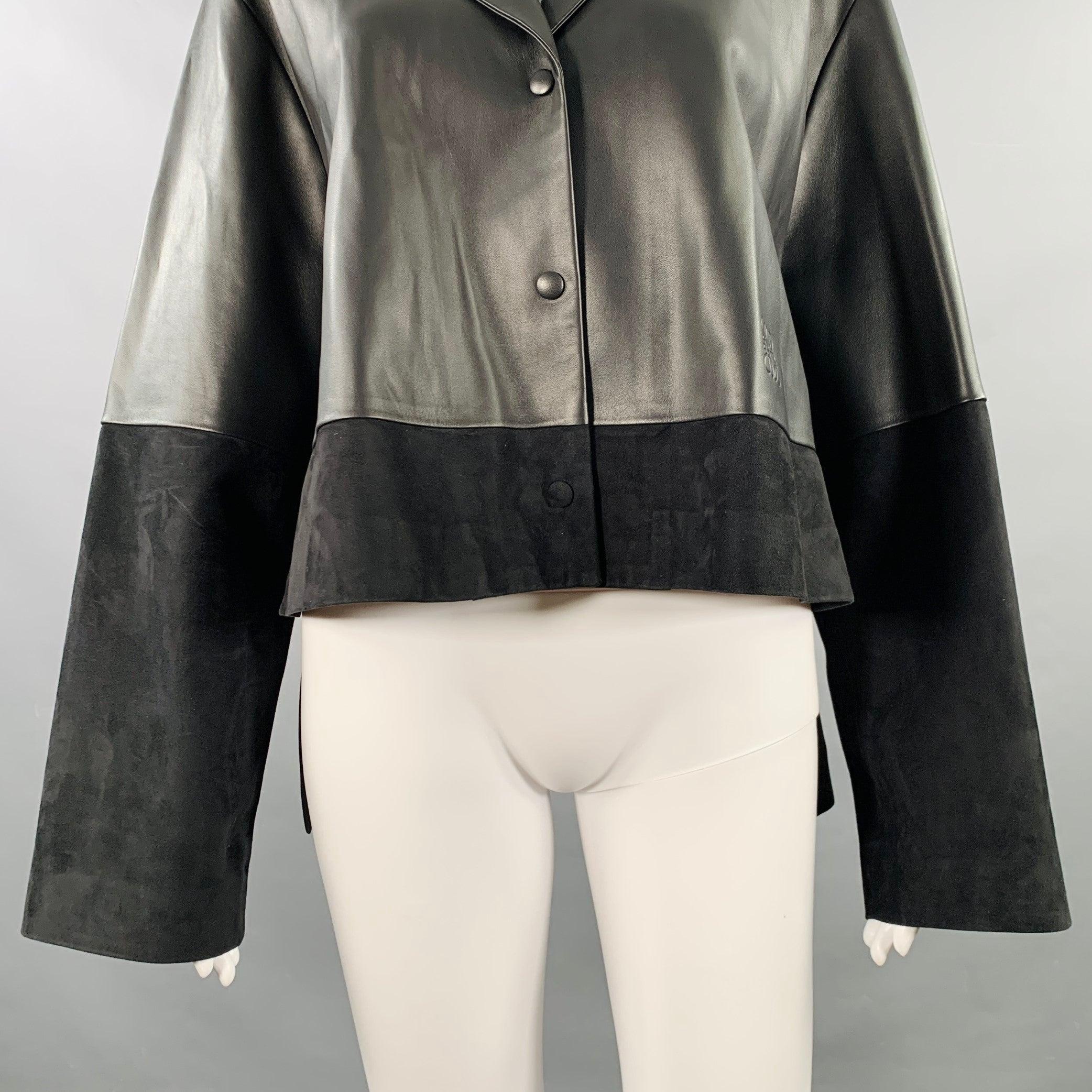 LOEWE Size 2 Black Leather Mixed Materials Lambskin Leather Jacket Blazer In Excellent Condition In San Francisco, CA