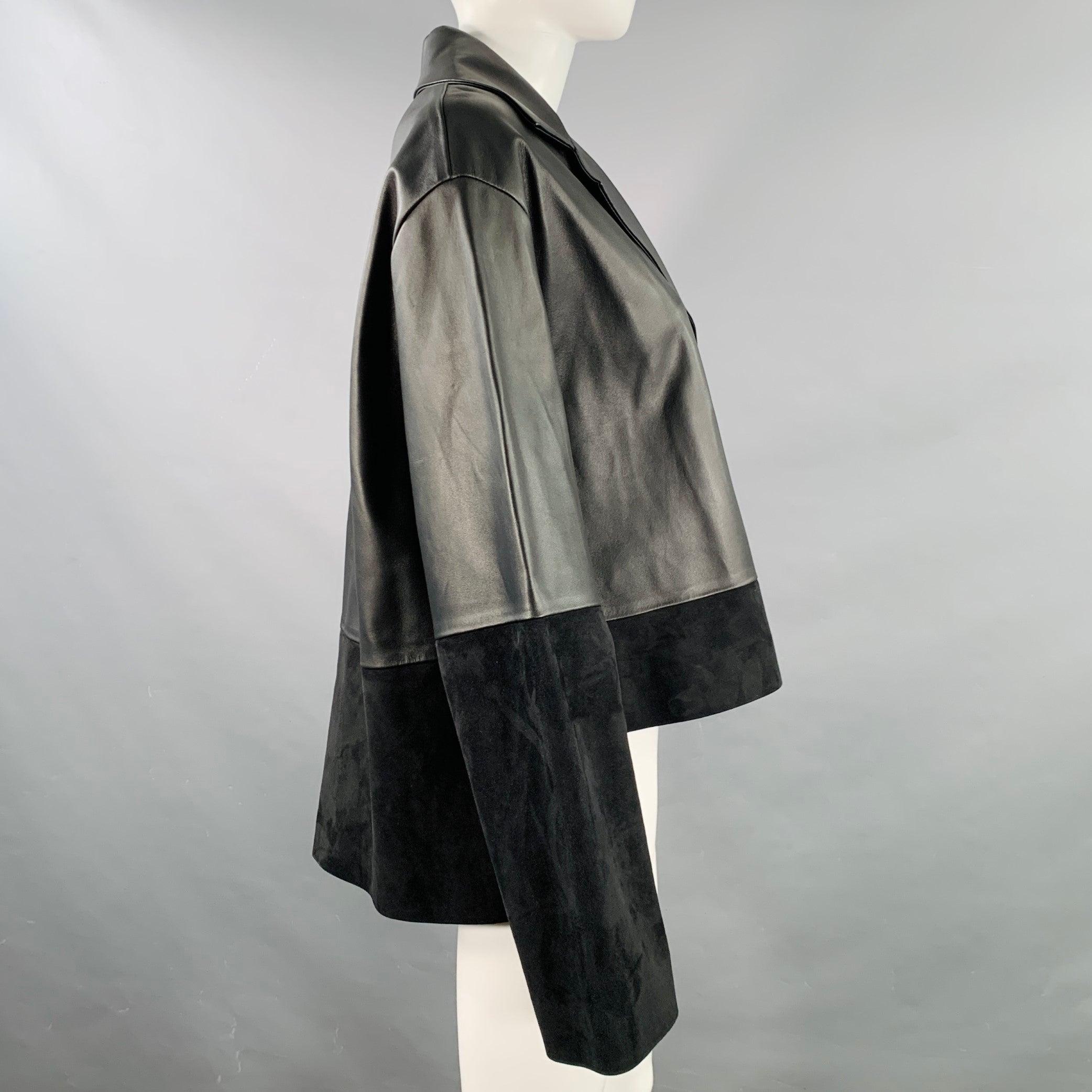 Women's LOEWE Size 2 Black Leather Mixed Materials Lambskin Leather Jacket Blazer