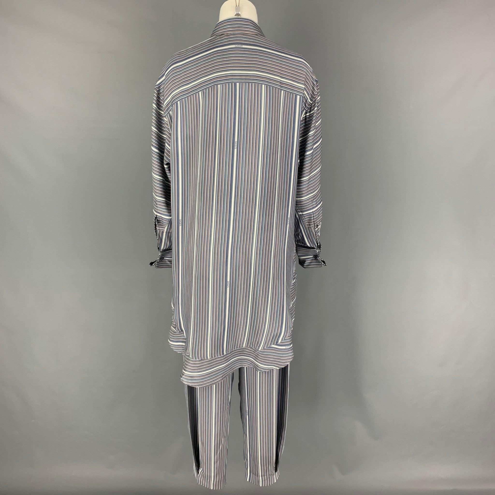 LOEWE Size 2 Grey White Blue Silk Stripe Asymmetrical Set In Good Condition For Sale In San Francisco, CA