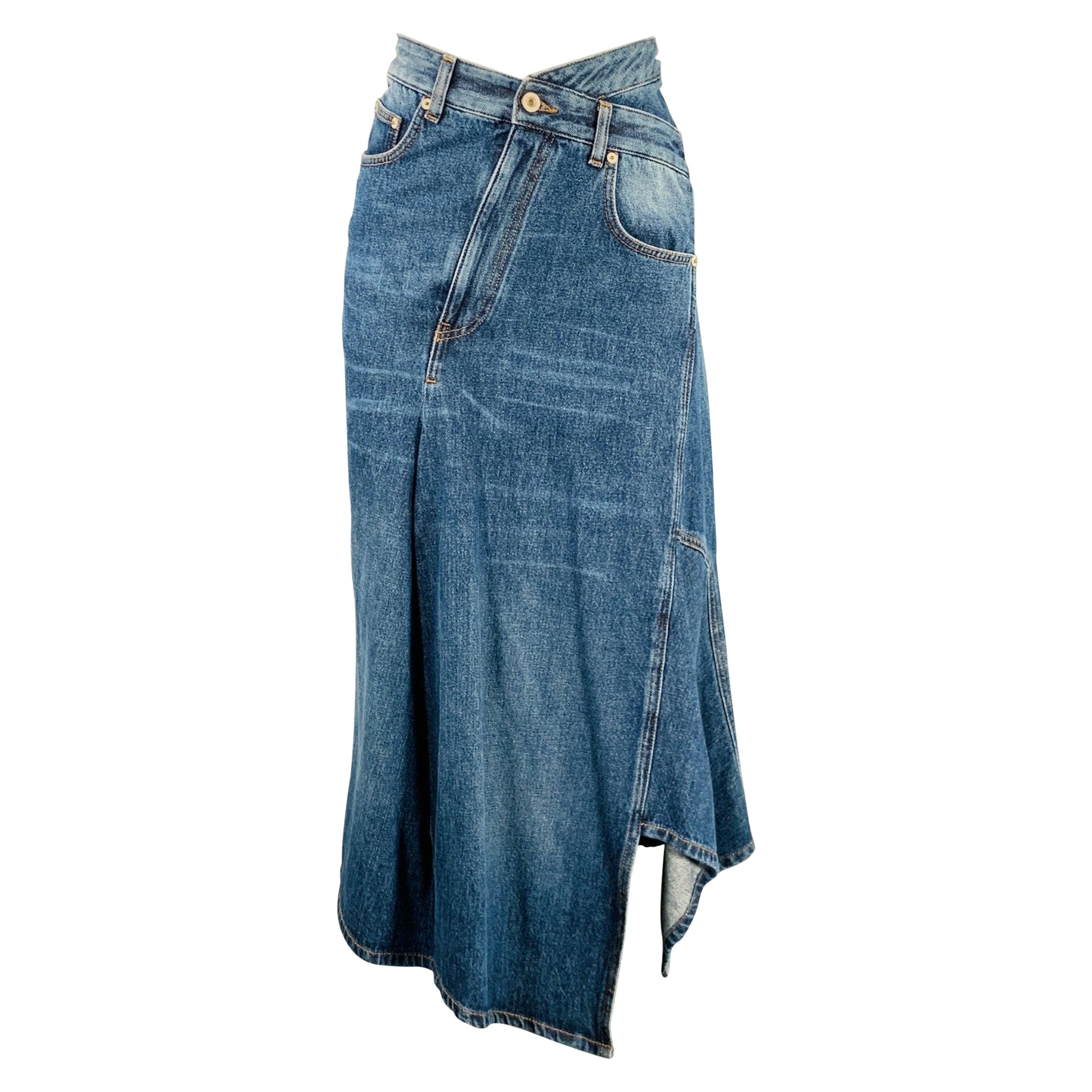 LOEWE Size 32 Blue Cotton Contrast Stitch Deconstructed Denim Midi Y2K Skirt