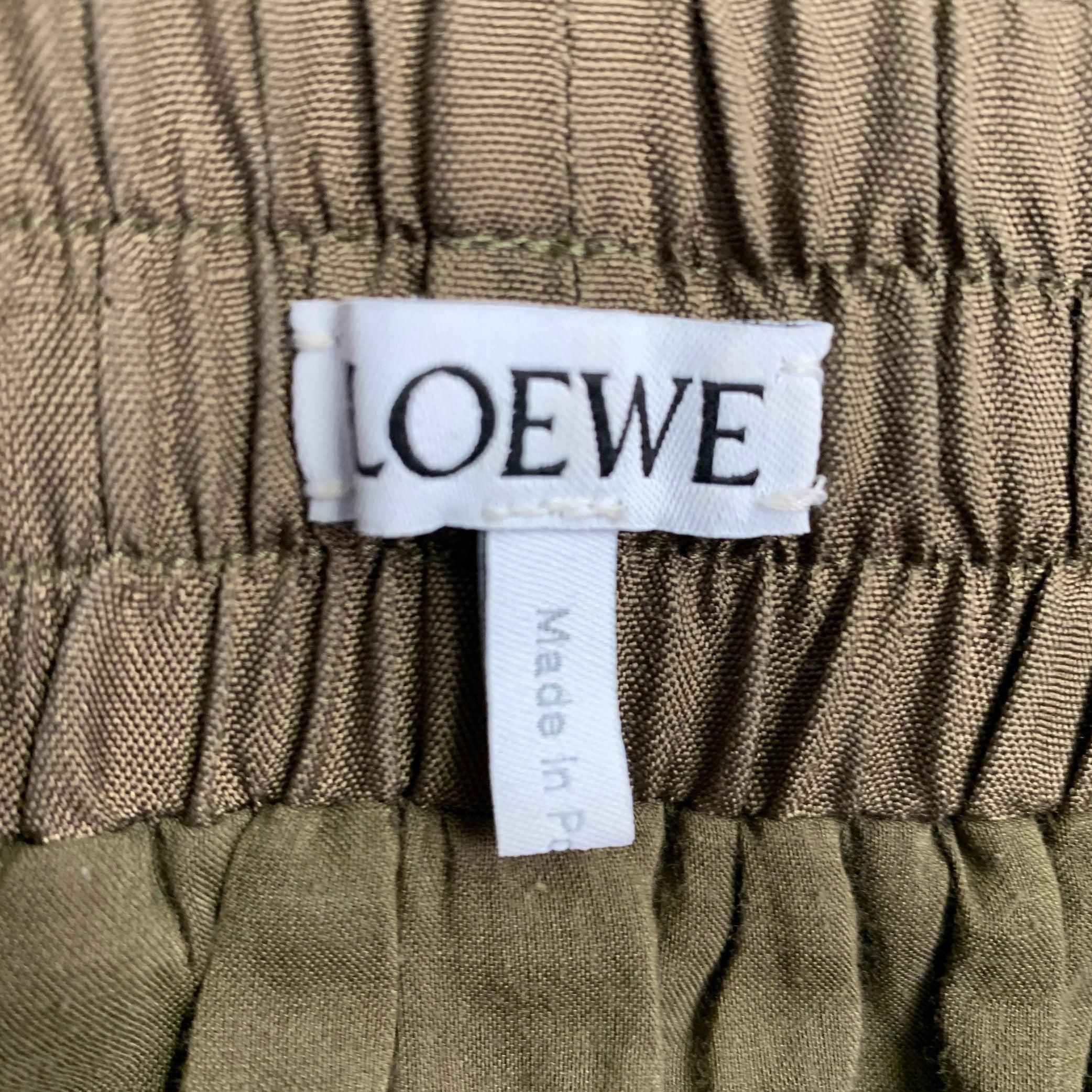 Brown LOEWE Size 4 Green Olive Silk Elastic Waistband Asymmetrical Hem Skirt For Sale
