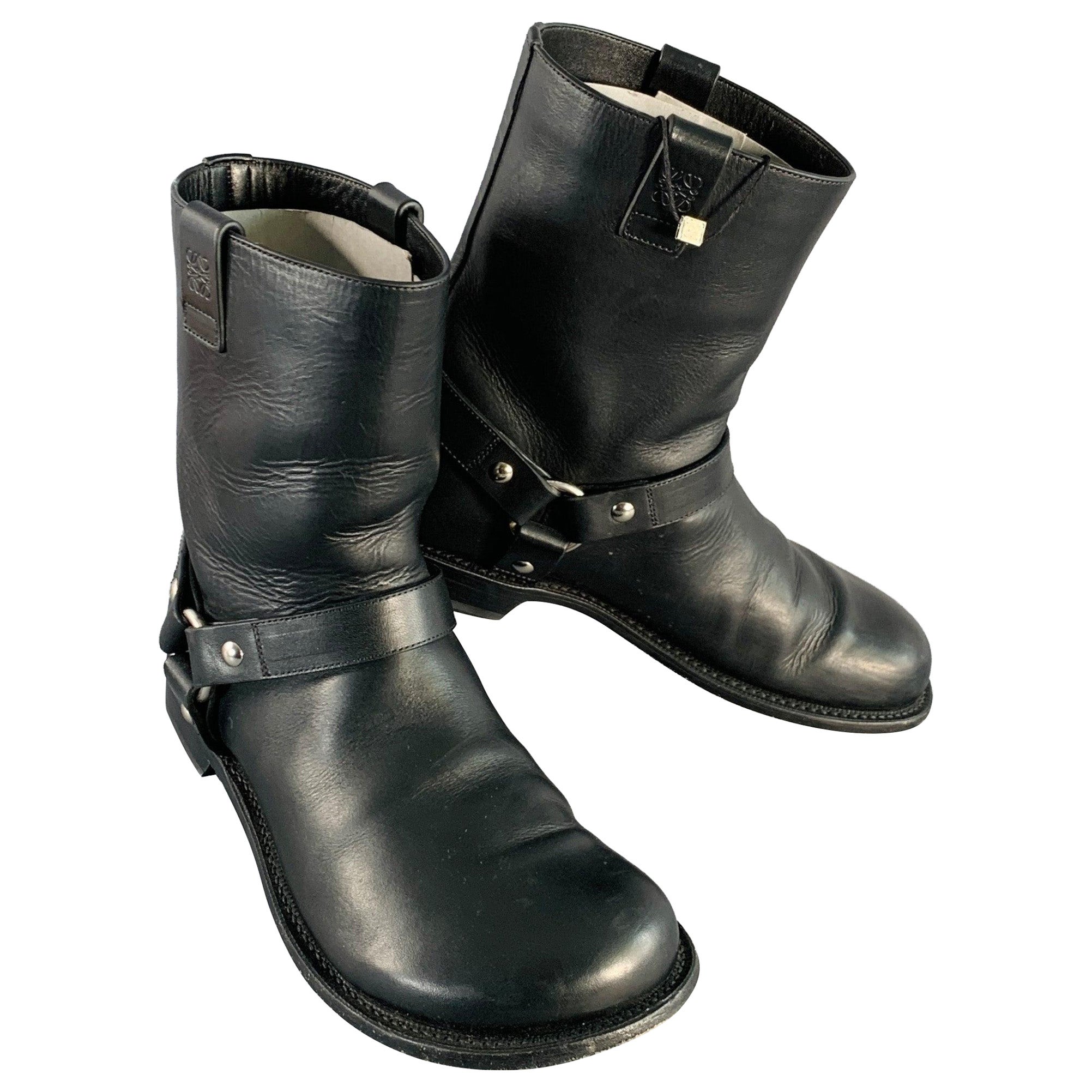 LOEWE Größe 9 Schwarz Leder Pull On Round Toe Harness Biker Boots