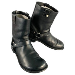 LOEWE Size 9 Black Leather Pull On Round Toe Harness Biker Boots