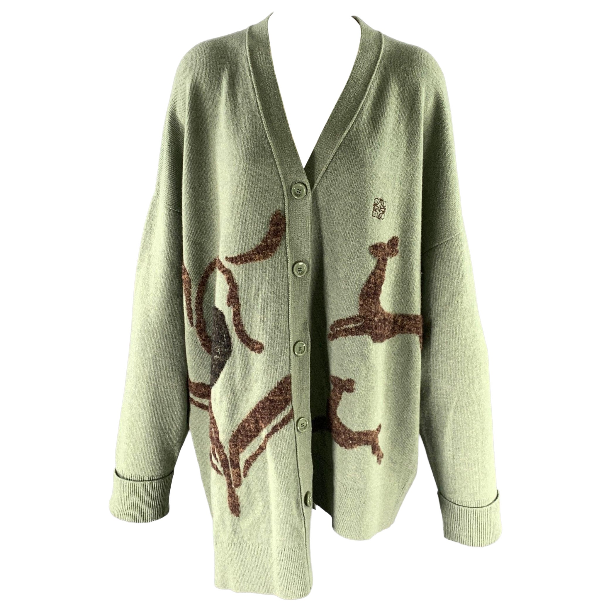 LOEWE Taille M Cardigan asymétrique en laine verte Sage en vente