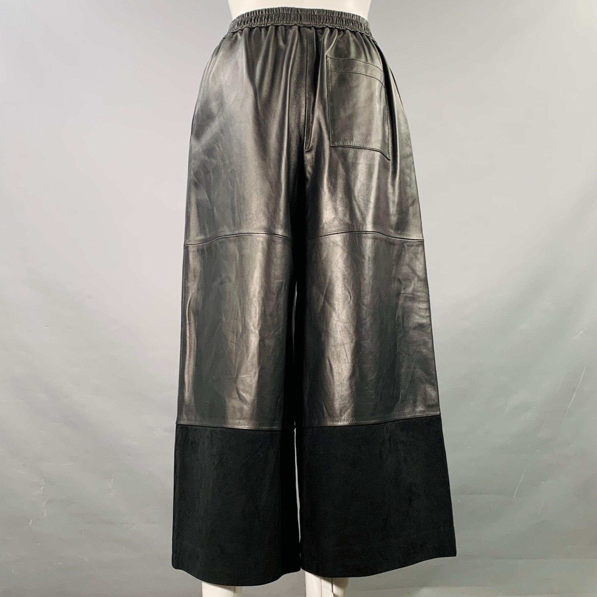 Women's LOEWE Size XS Black Lambskin Leather Goat Suede Wide Leg Dress Pants For Sale