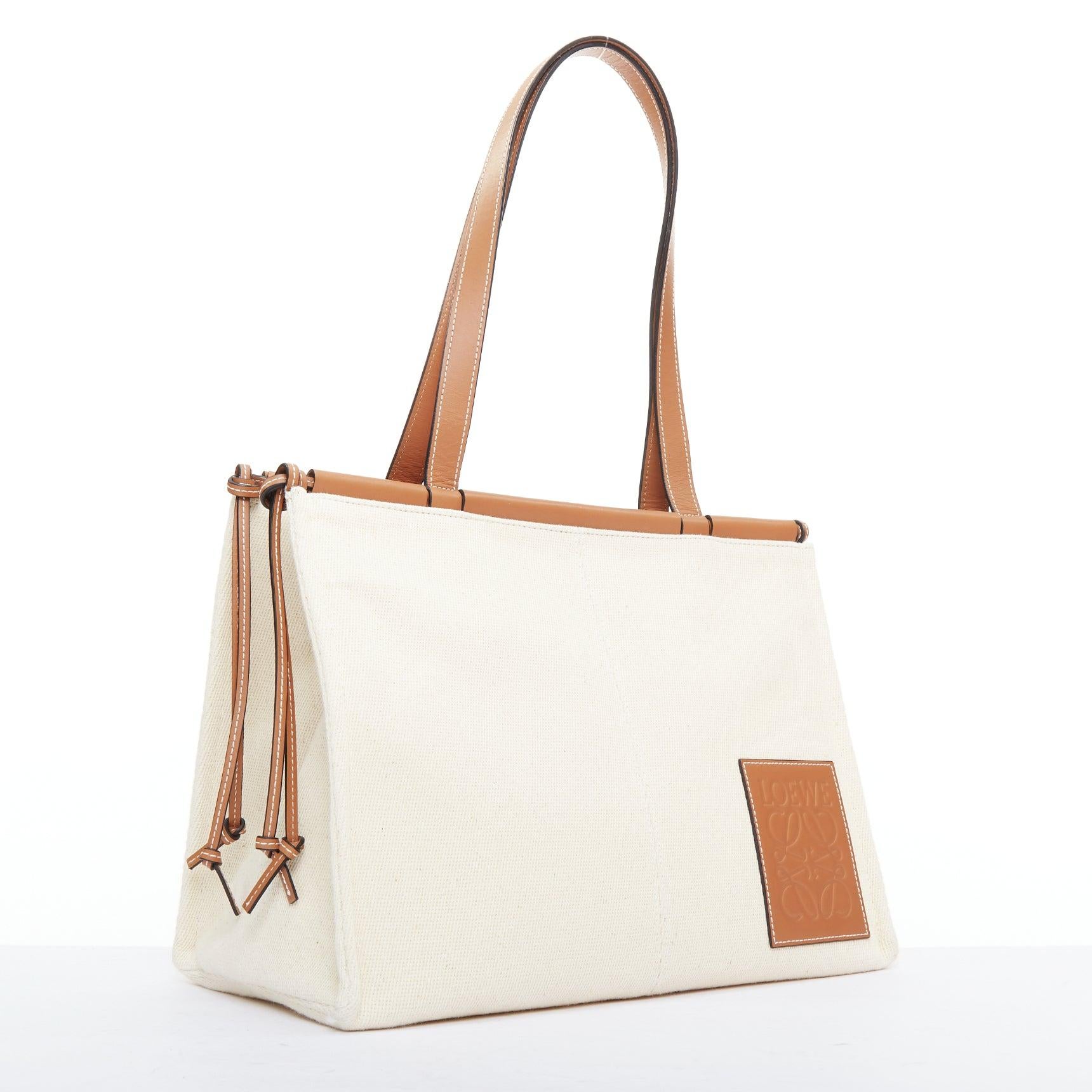White LOEWE Small Cushion cream canvas brown anagram logo shoulder tote bag For Sale