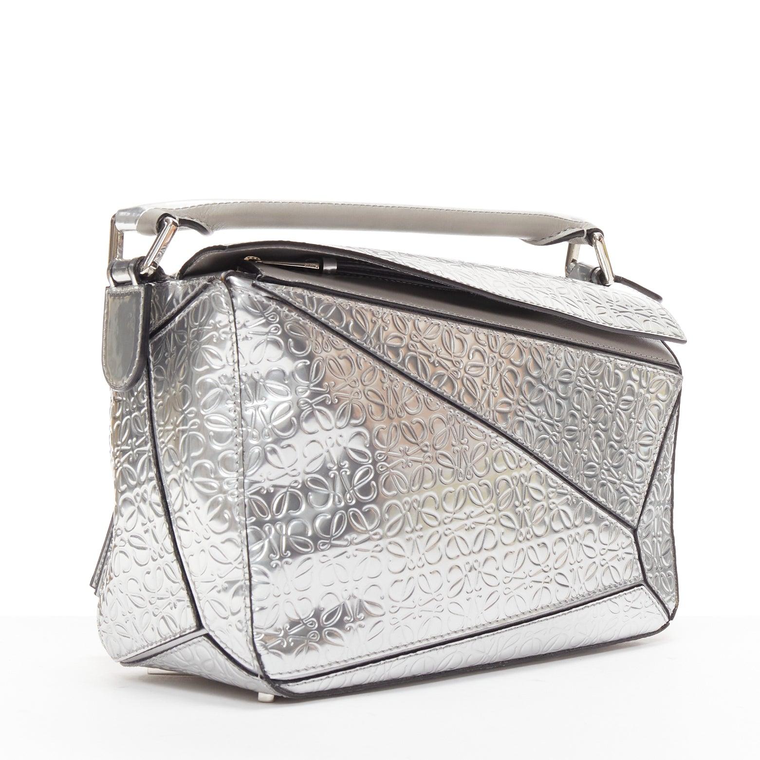 LOEWE Small Puzzle metallic silver calfskin monogram embossed shoulder bag In Good Condition For Sale In Hong Kong, NT