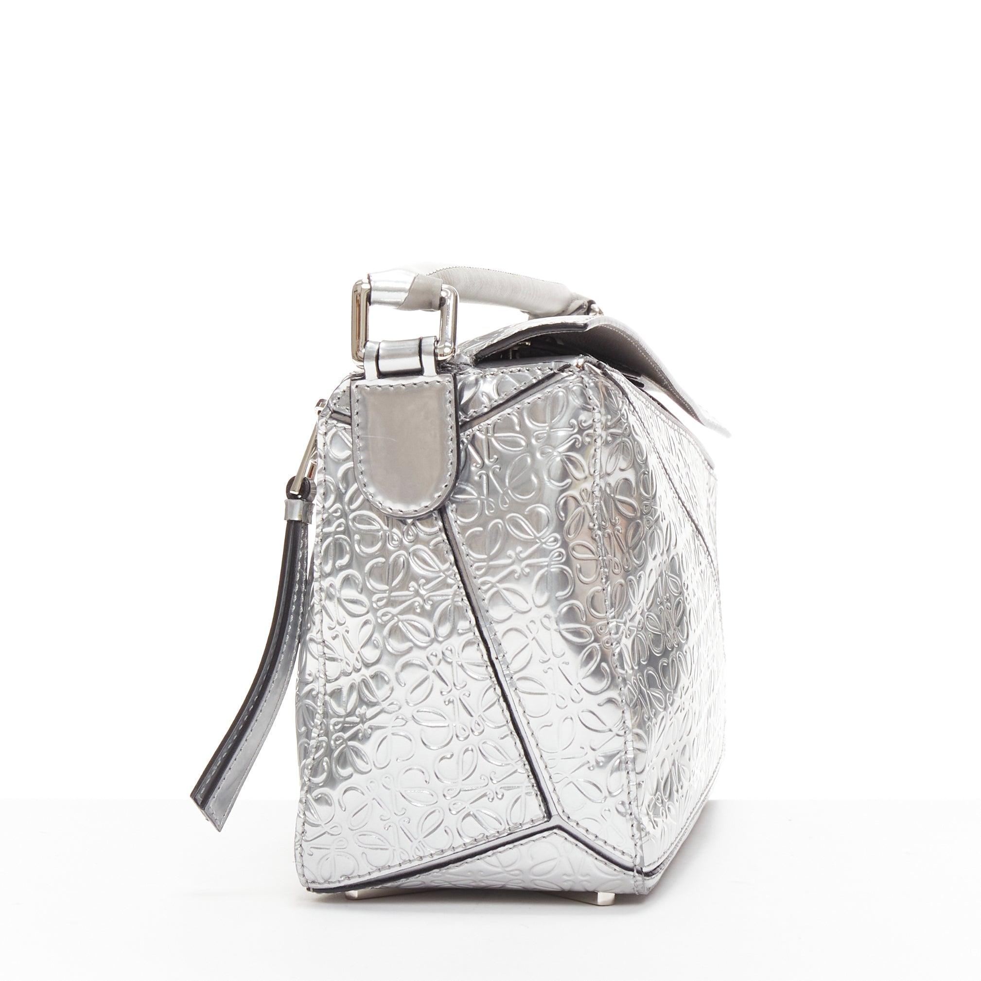 Women's LOEWE Small Puzzle metallic silver calfskin monogram embossed shoulder bag For Sale