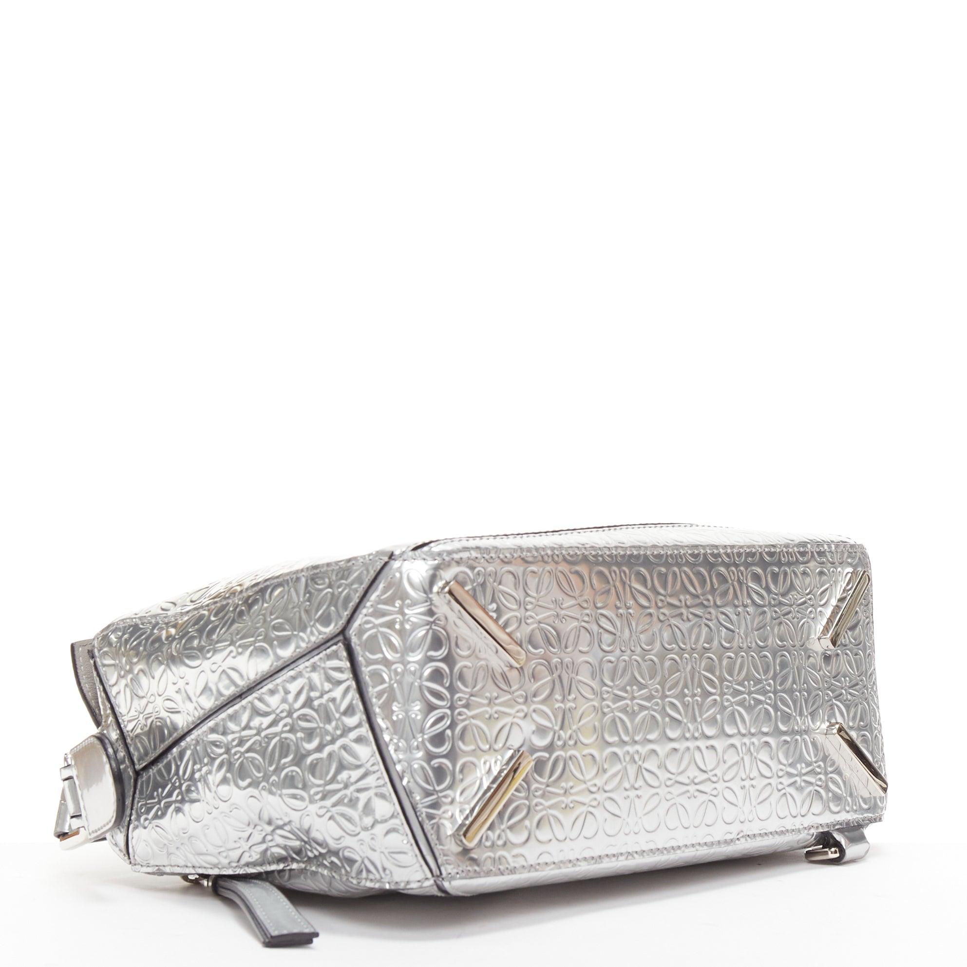 LOEWE Small Puzzle metallic silver calfskin monogram embossed shoulder bag For Sale 3