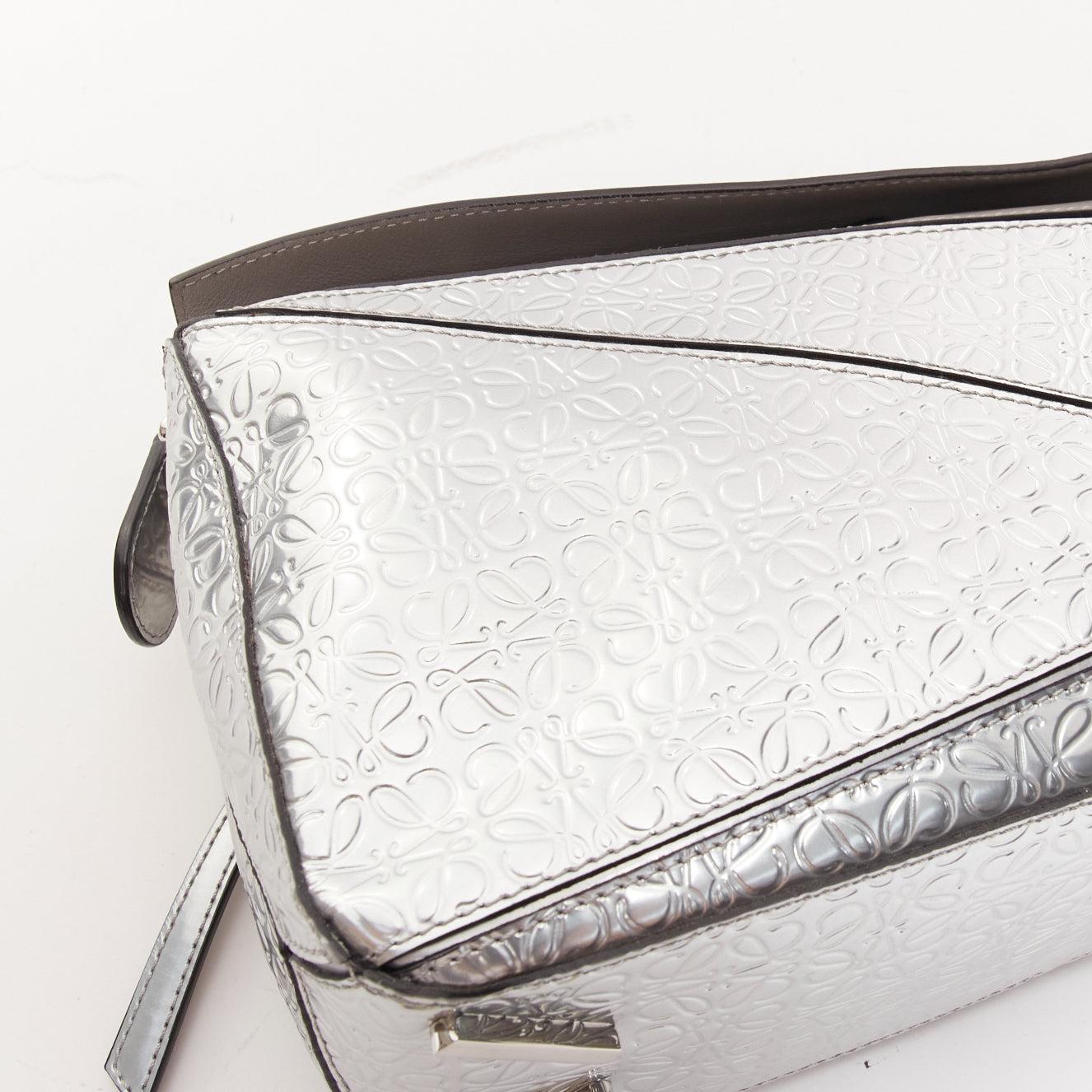 LOEWE Small Puzzle metallic silver calfskin monogram embossed shoulder bag For Sale 4