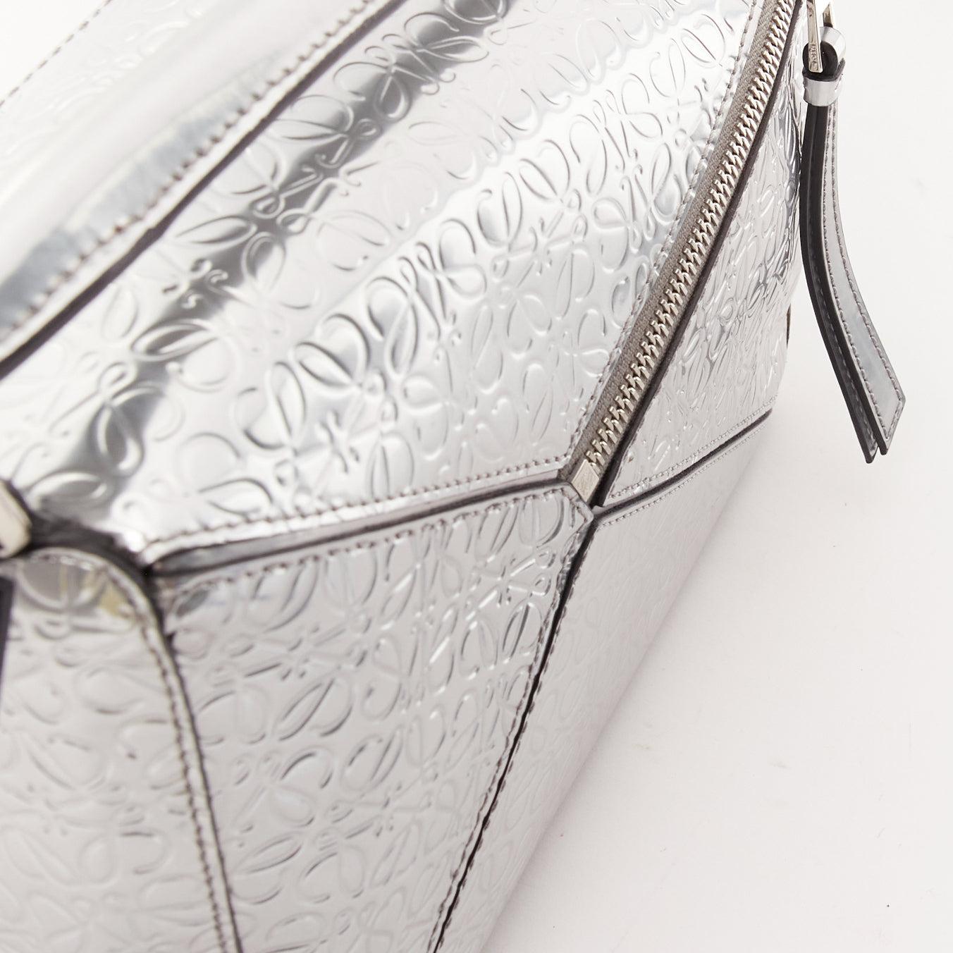 LOEWE Small Puzzle metallic silver calfskin monogram embossed shoulder bag For Sale 5