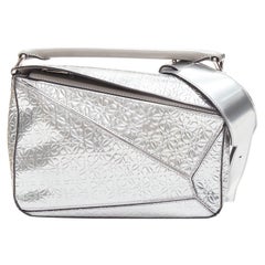 LOEWE Small Puzzle metallic silver calfskin monogram embossed shoulder bag