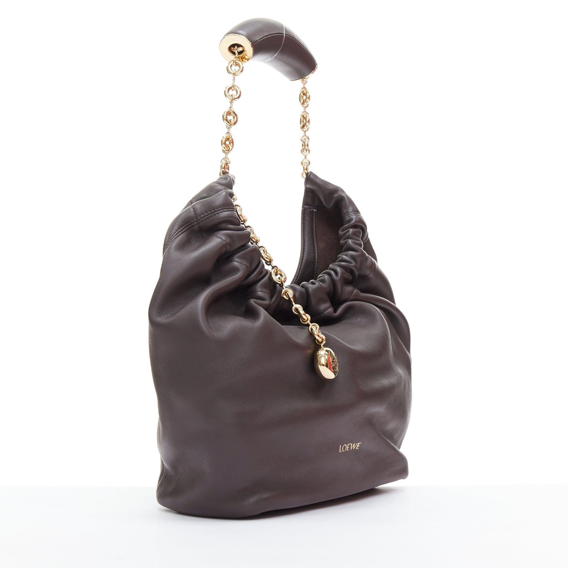 Black LOEWE Small Squeeze chocolate brown nappa lambskin gold chain hobo bag