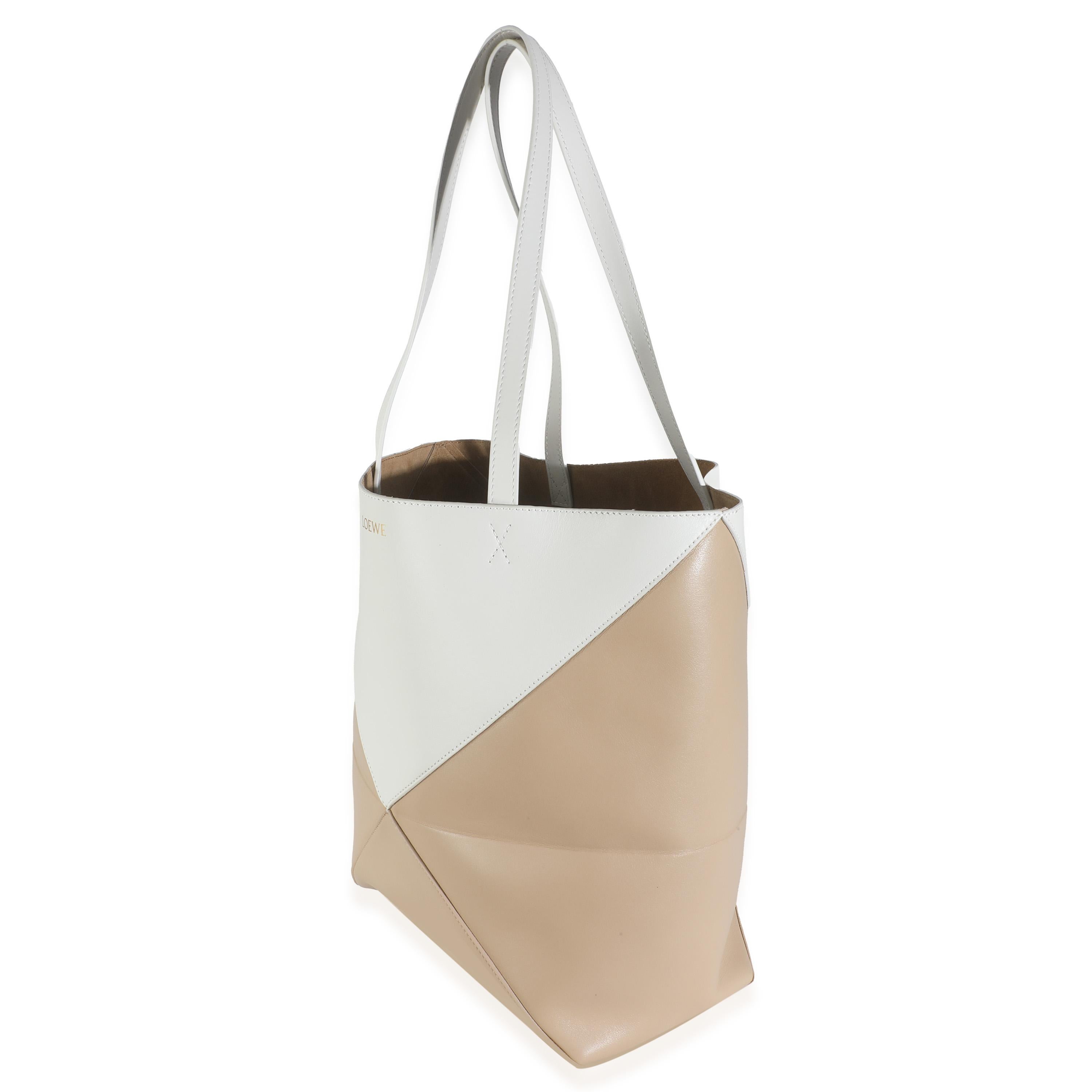Loewe Soft White Paper Craft Shiny Calfskin Medium Puzzle Fold Tote In Excellent Condition For Sale In New York, NY