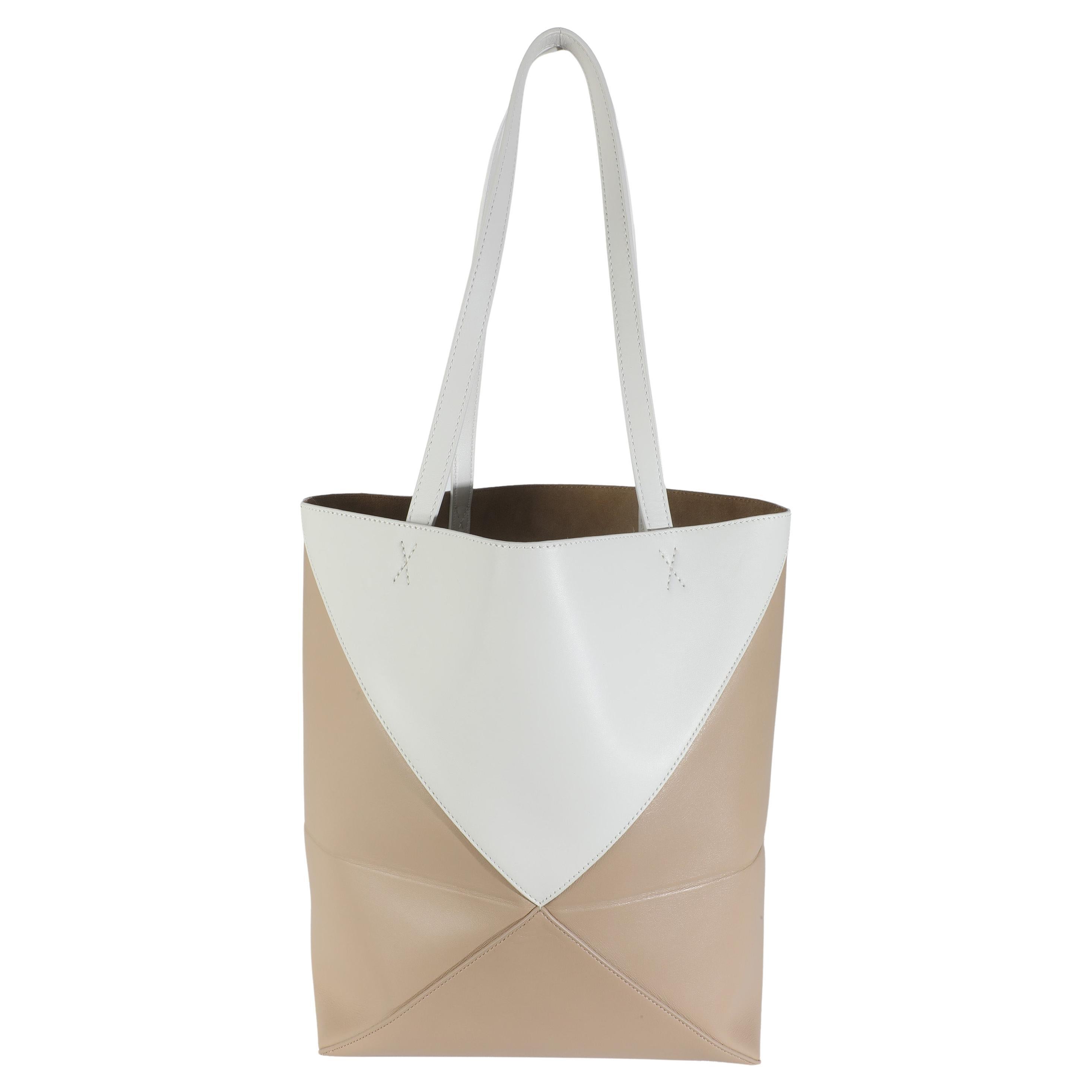 Loewe Soft White Paper Craft Shiny Calfskin Medium Puzzle Fold Tote For Sale