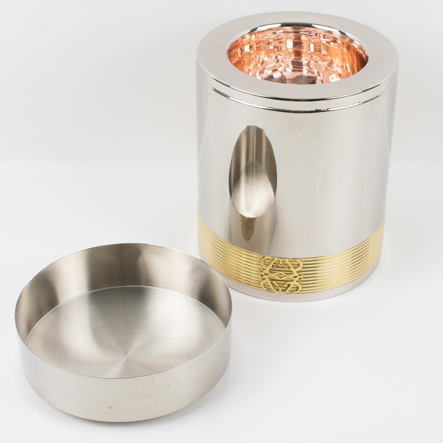 Late 20th Century Loewe Spain Chrome and Gilded Brass Barware Ice Bucket For Sale
