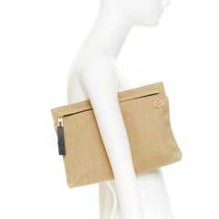 LOEWE T Pouch beige linen canvas gold anagram dark zip slot clutch bag