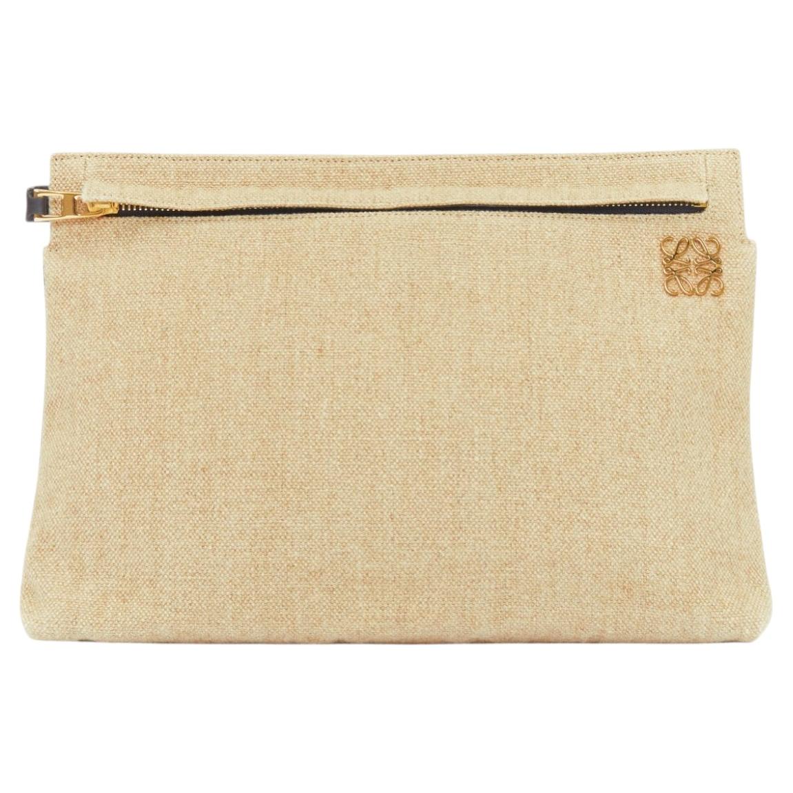 Pre-owned Loewe T Pouch Beige Linen Canvas Gold Anagram Dark Zip Slot Clutch Bag In Brown