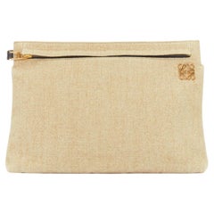 LOEWE T Pouch beige linen canvas gold anagram dark zip slot clutch bag