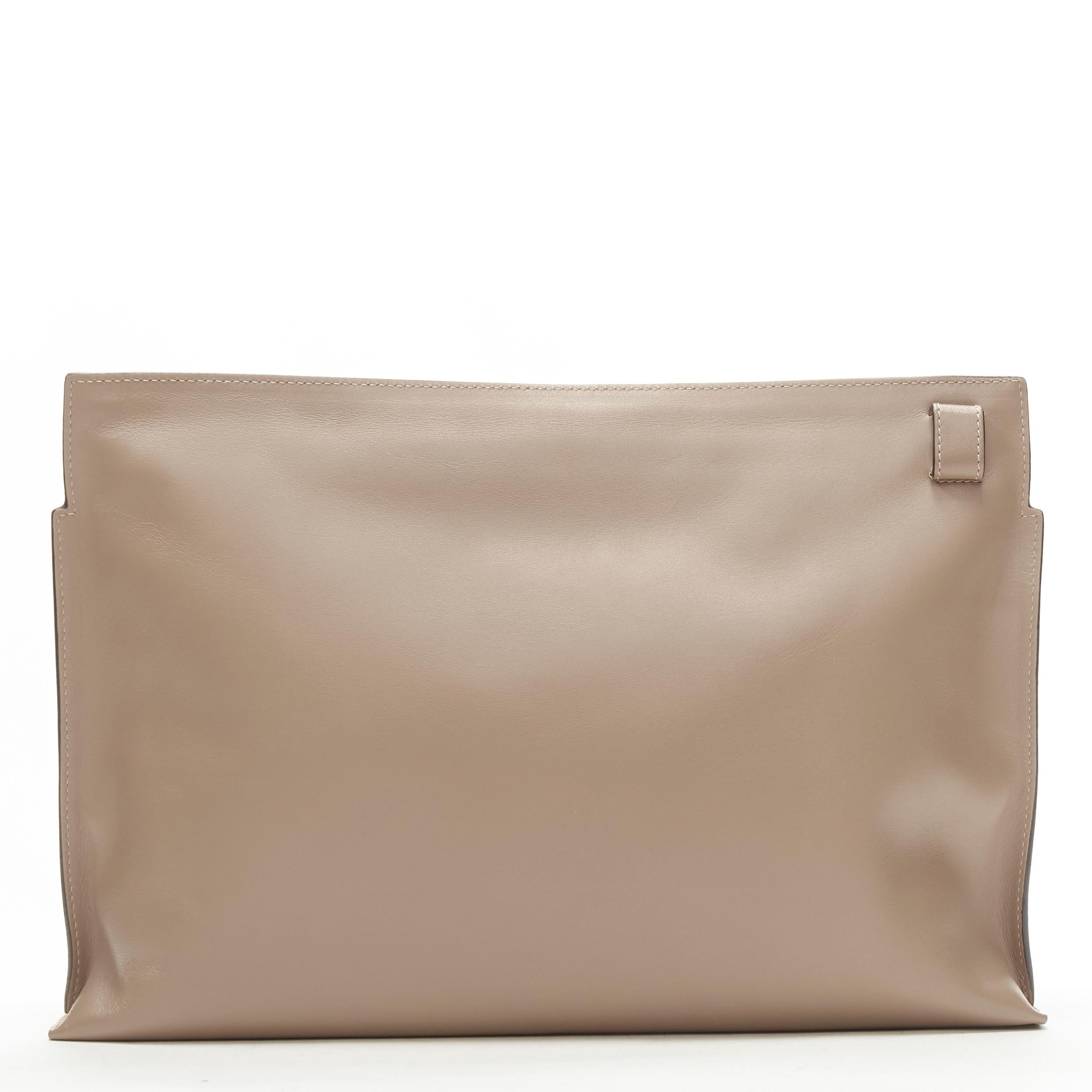 LOEWE T Pouch brown Anagram logo embossed front zip portfolio clutch bag 1