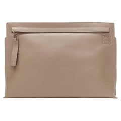 LOEWE T Pouch brown Anagram logo embossed front zip portfolio clutch bag