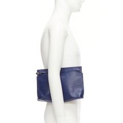 LOEWE T Pouch navy textured checkered leather silver zip wrist clutch bag