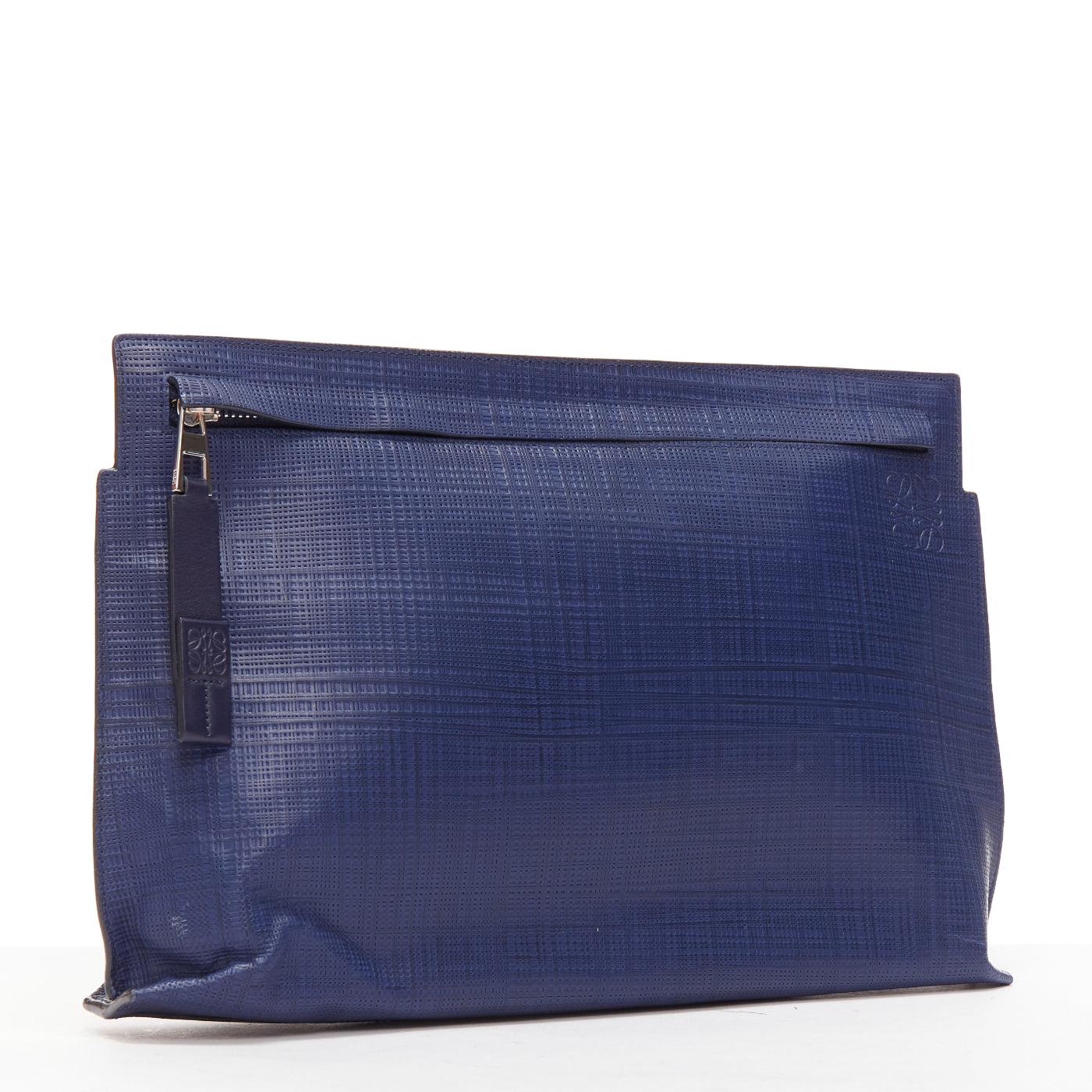 Purple LOEWE T Pouch navy textured checkered leather silver zip wrist clutch bag For Sale
