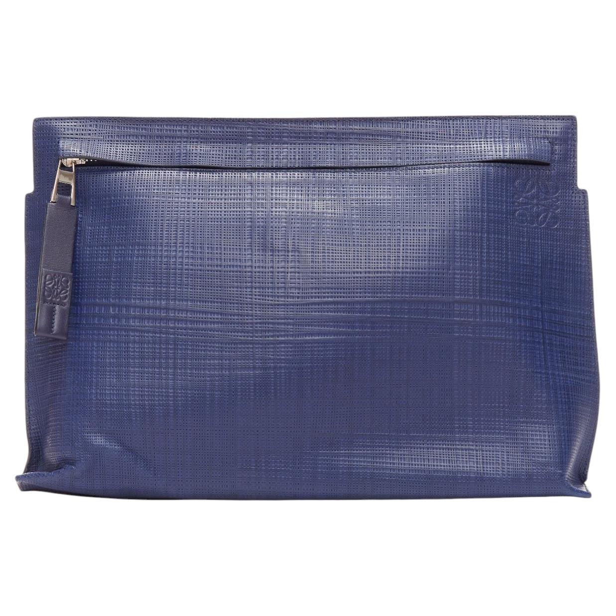 LOEWE T Pouch navy textured checkered leather silver zip wrist clutch bag For Sale