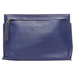 LOEWE T Pouch navy textured checkered leather silver zip wrist clutch bag