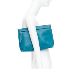 LOEWE T Pouch teal blue soft leather anagram logo zip clutch bag