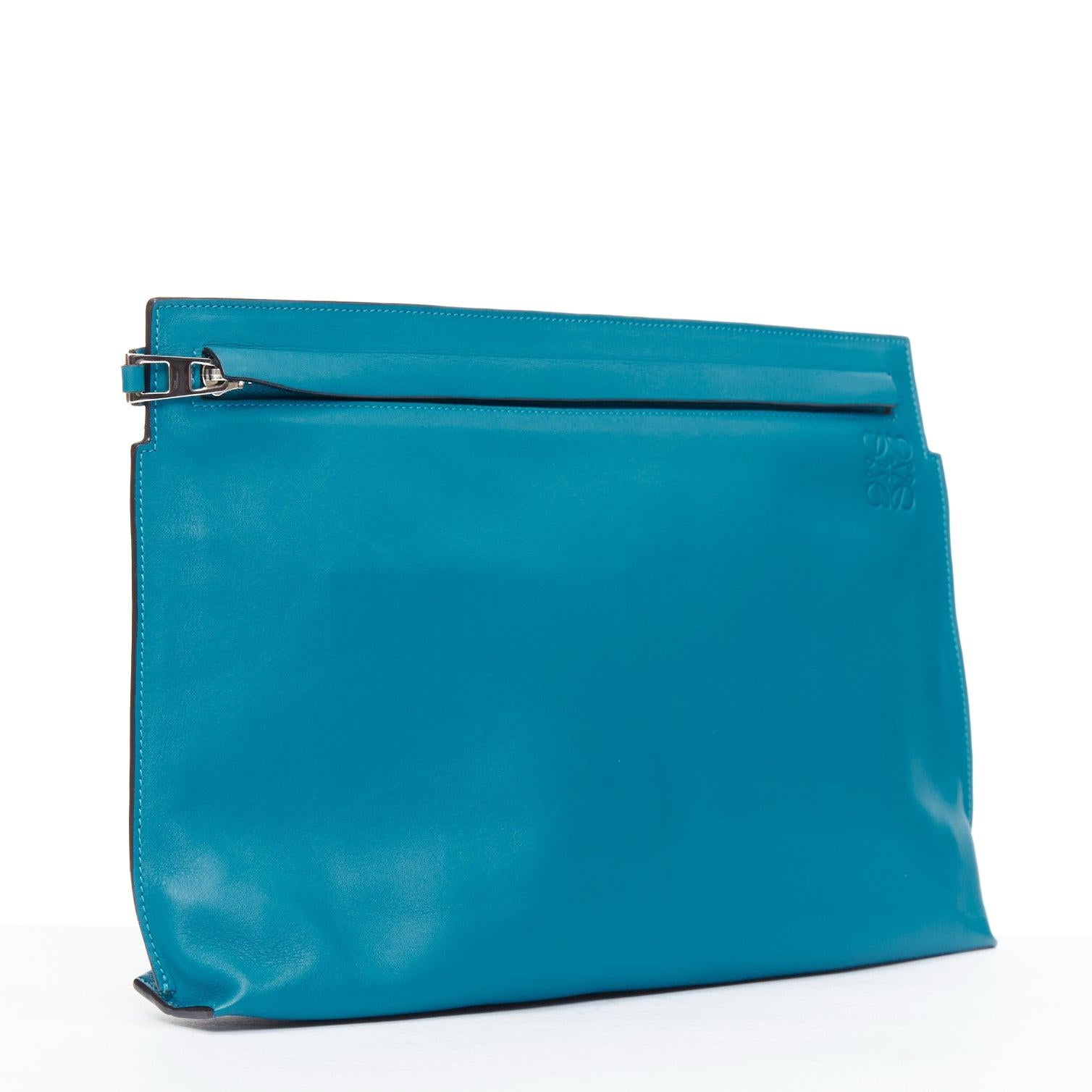 Blue LOEWE T Pouch teal blue soft leather anagram logo zip clutch bag For Sale