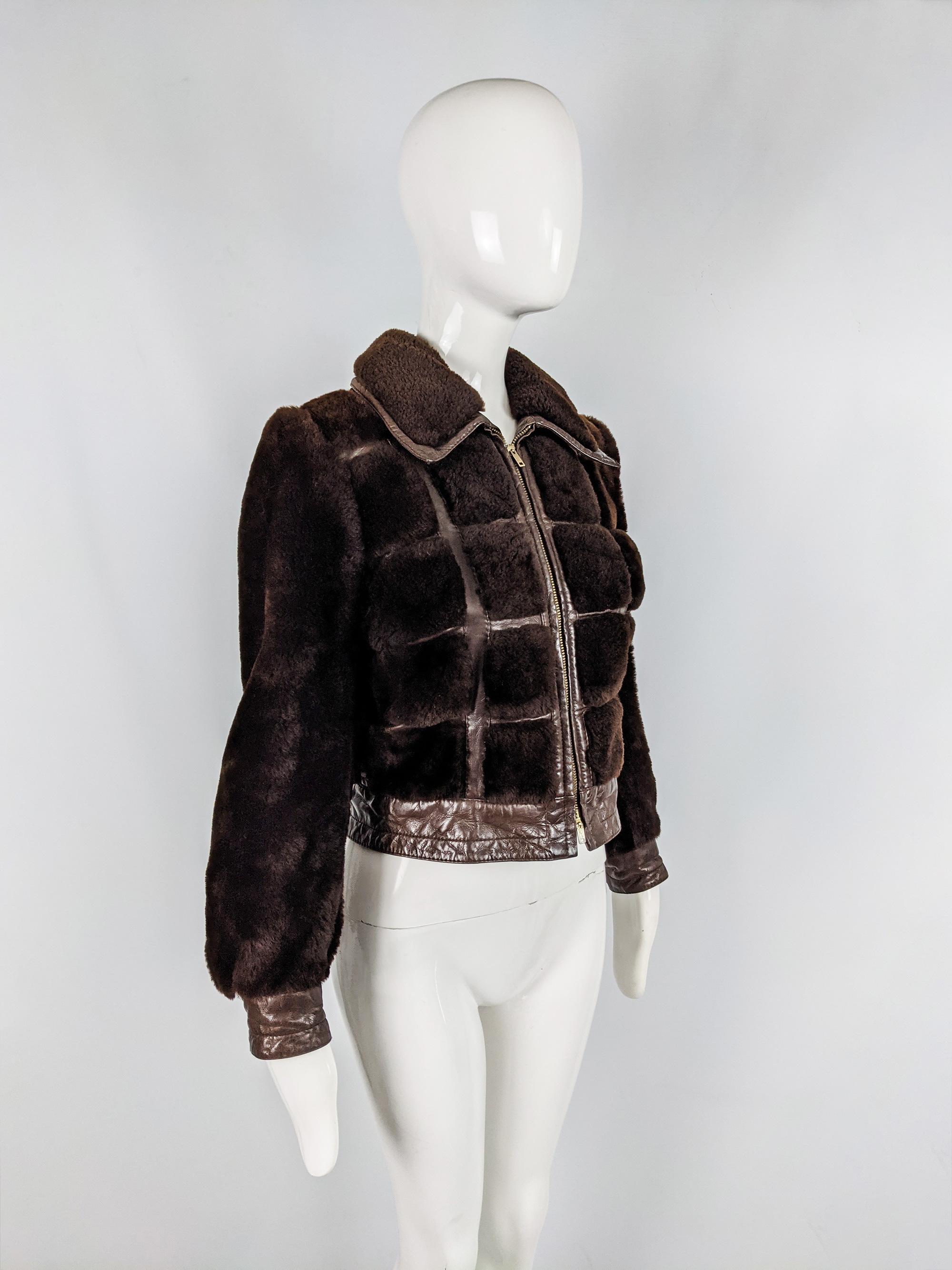 Black Loewe Vintage 80s Chunky Brown Shearling & Leather Blouson Jacket, 1980s For Sale