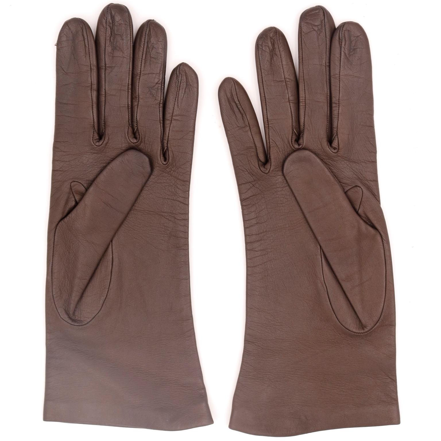 Loewe Vintage Brown Leather Silk Lined Gloves In Excellent Condition In Portland, OR