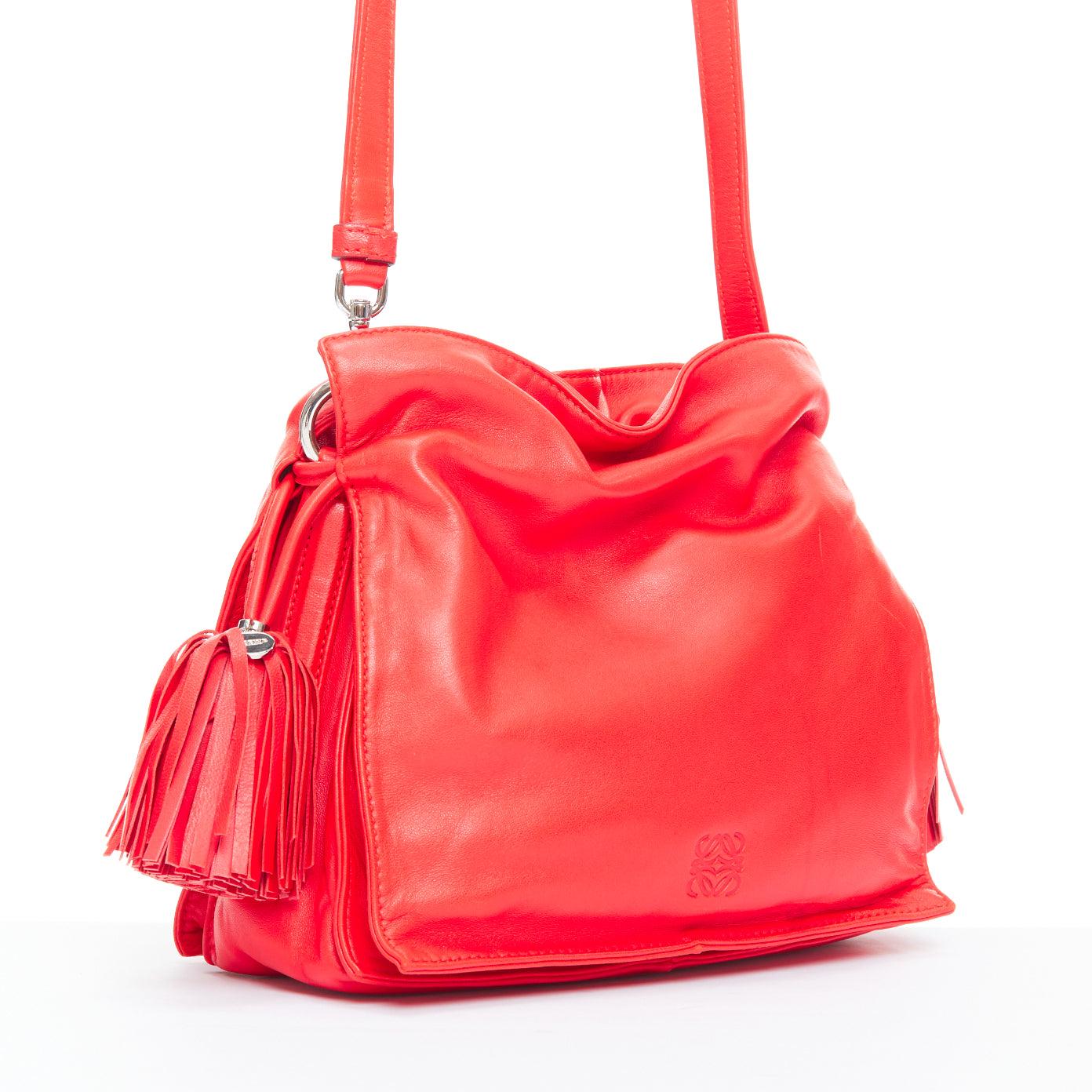 Red LOEWE Vintage Flamenc Tassel red soft leather anagram crossbody bucket bag For Sale
