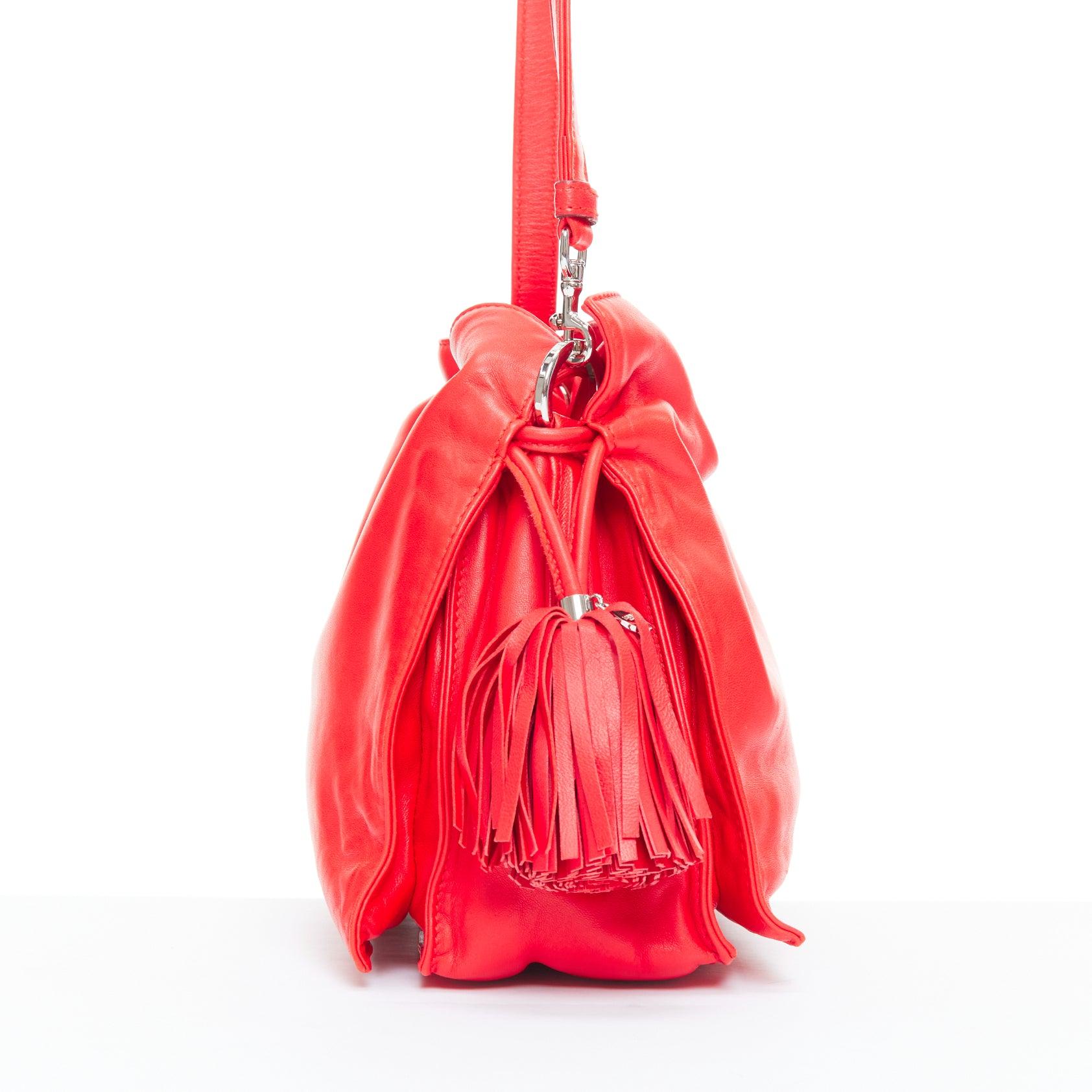 LOEWE Vintage Flamenc Tassel red soft leather anagram crossbody bucket bag In Good Condition For Sale In Hong Kong, NT