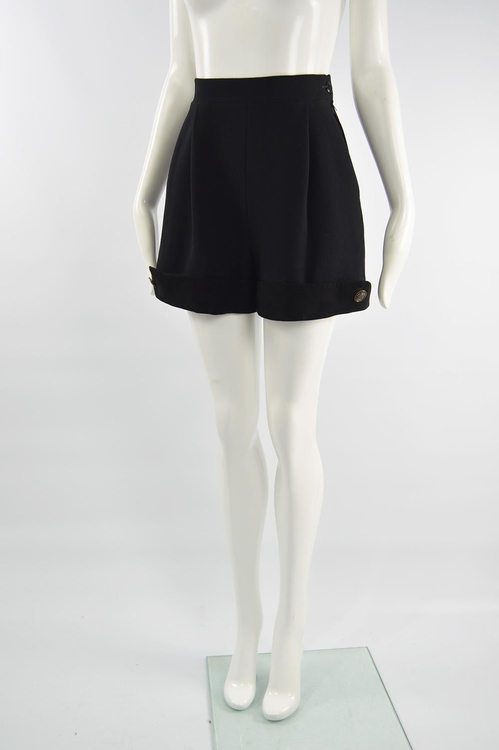 Women's Loewe Vintage High Waisted Wool Crepe & Black Suede Wide Leg Shorts, 1980s