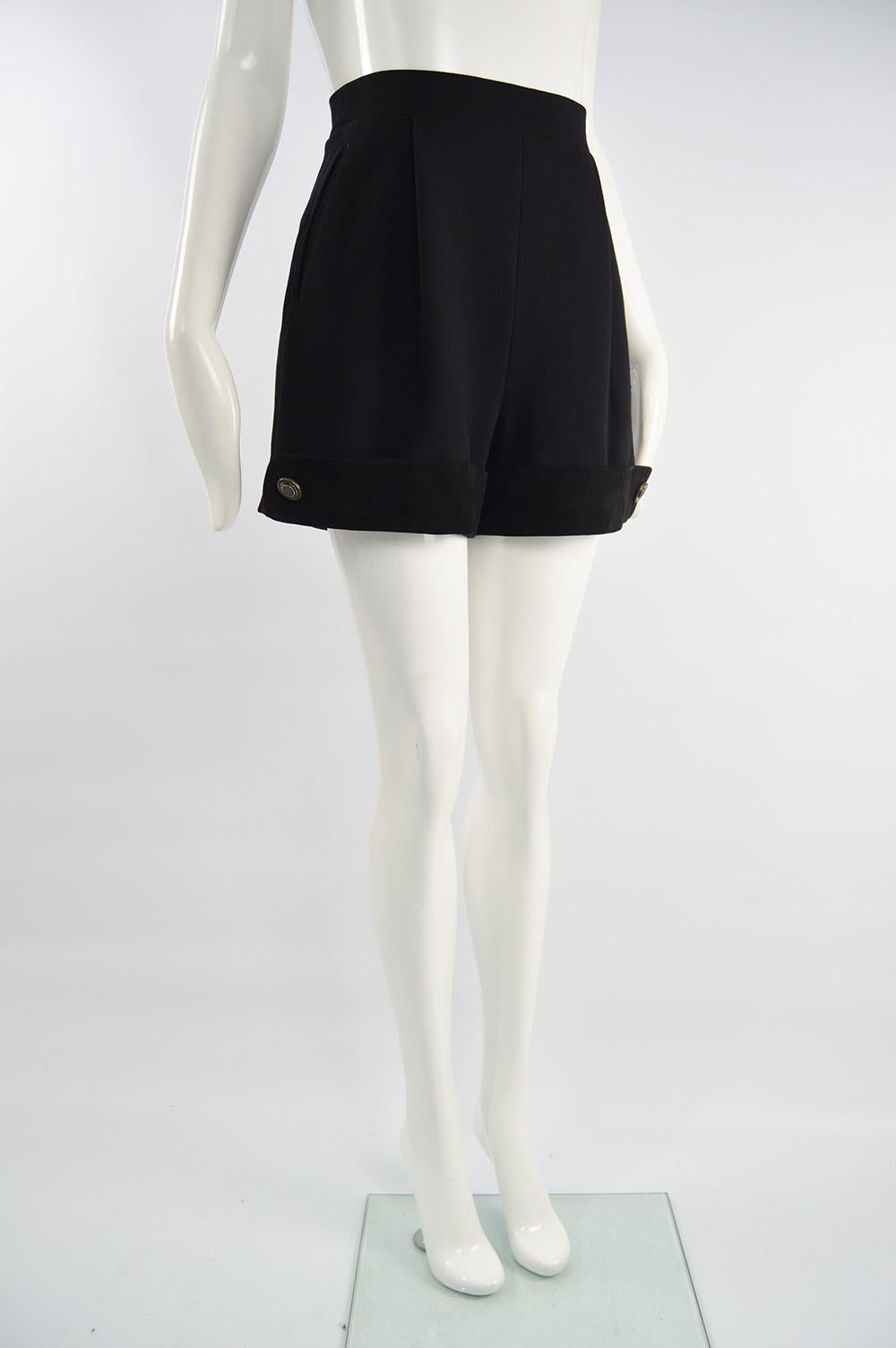 Loewe Vintage High Waisted Wool Crepe & Black Suede Wide Leg Shorts, 1980s 1
